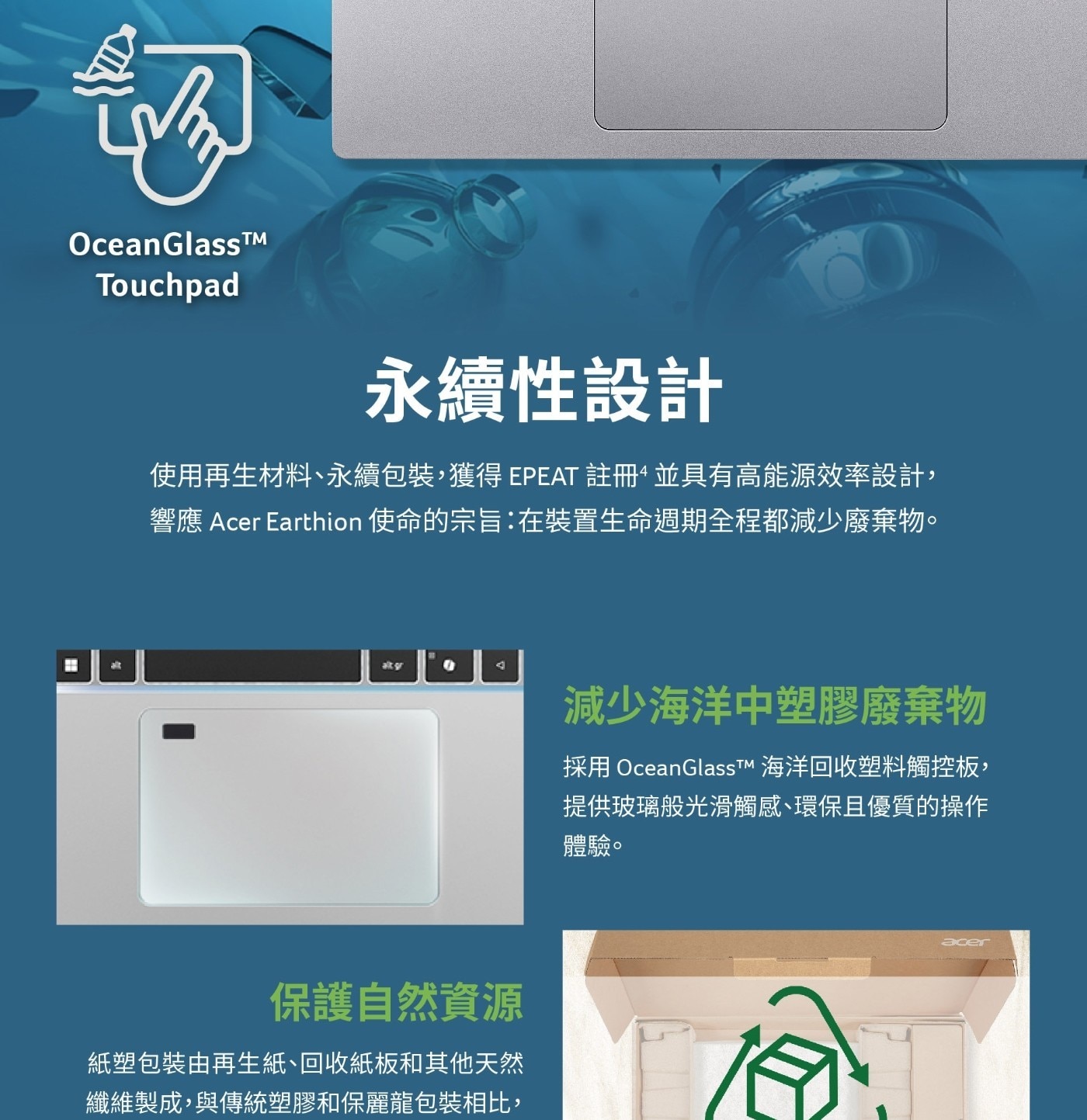 永續性設計 使用再生材料、永續包裝,獲得EPEAT註冊4並具有高能源效率設計, 響應Acer Earthion使命的宗旨:在裝置生命週期全程都減少廢棄物。