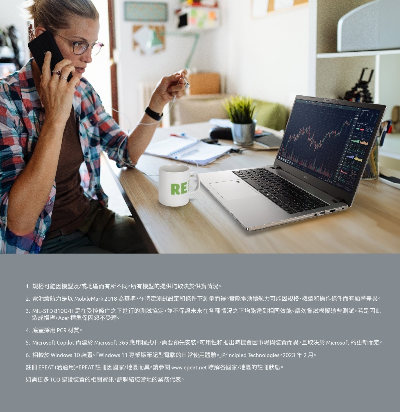 1.規格可能因機型及/或地區而有所不同。所有機型的提供均取決於供貨情況。 2.電池續航力是以MobileMark 2018為基準,在特定測試設定和條件下測量而得。實際電池續航力可能因規格、機型和操作條件而有顯著差異。 3.MIL-STD 810G/H是在受控條件之下進行的測試協定,並不保證未來在各種情況之下均能達到相同效能。請勿嘗試模擬這些測試,若是因此 造成損害,Acer標準保固恕不受理。