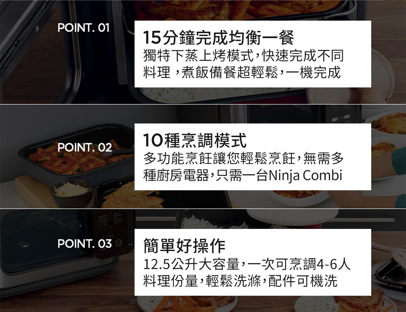 15分鐘完成均衡一餐 獨特下蒸上烤模式,快速完成不同 料理,煮飯備餐超輕鬆,一機完成 10種烹調模式 多功能烹飪讓您輕鬆烹飪,無需多 種廚房電器,只需一台Ninja Combi 簡單好操作 12.