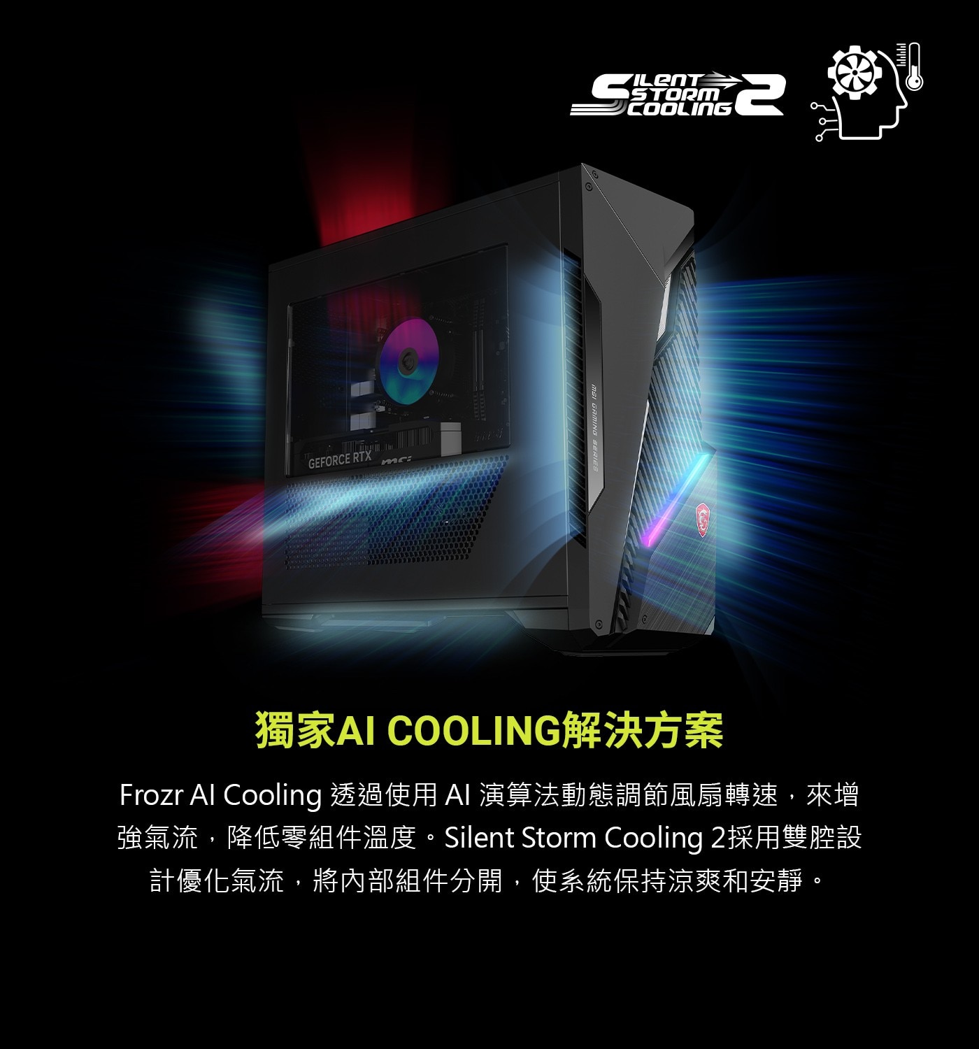 Frozr Al Cooling 透過使用AI演算法動態調節風扇轉速,來增強 氣 流 , 降 低 零 組 件 溫 度 。