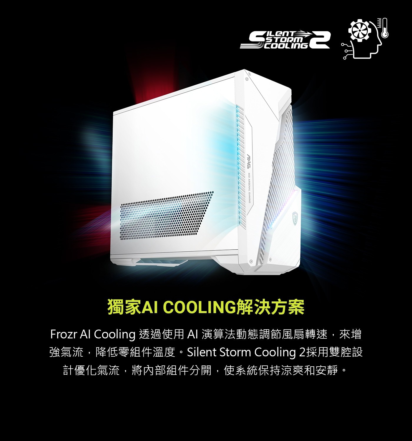 Frozr Al Cooling 透過使用AI演算法動態調節風扇轉速,來增強 氣 流 , 降 低 零 組 件 溫 度 。