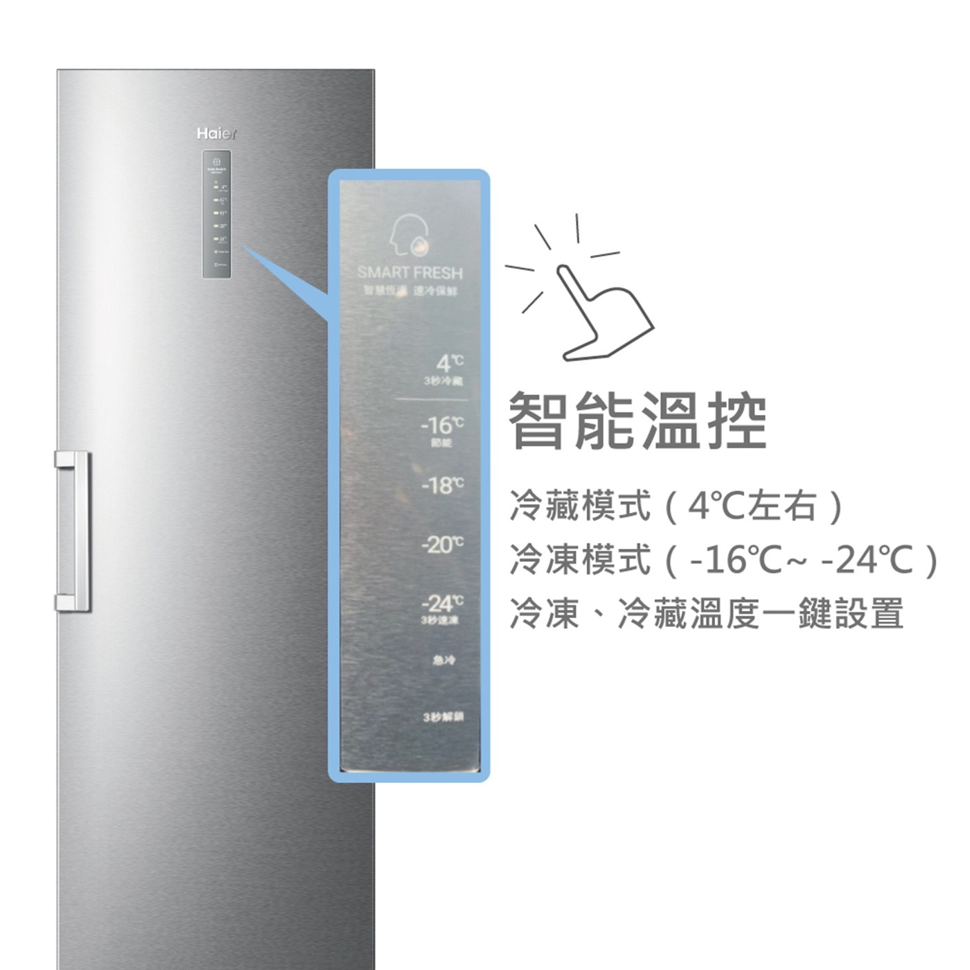 智能溫控冷藏模式(4℃左右)冷凍模式(-16℃~-24℃)冷凍、冷藏溫度一鍵設置
