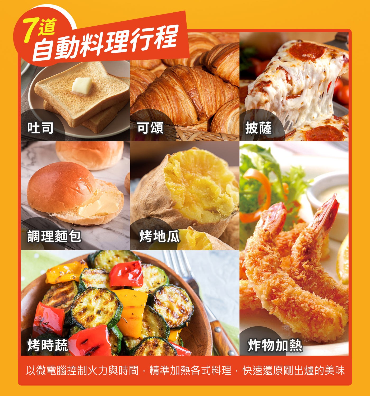 7道自動料理行程吐司可頌披薩調理麵包烤地瓜烤時蔬炸物加熱以微電腦控制火力與時間,精準加熱各式料理,快速還原剛出爐的美味