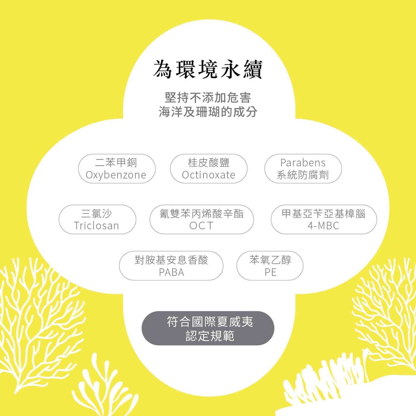 為環境永續 堅持不添加危害 海洋及珊瑚的成分 2苯甲銅 Oxybenzone 桂皮酸鹽