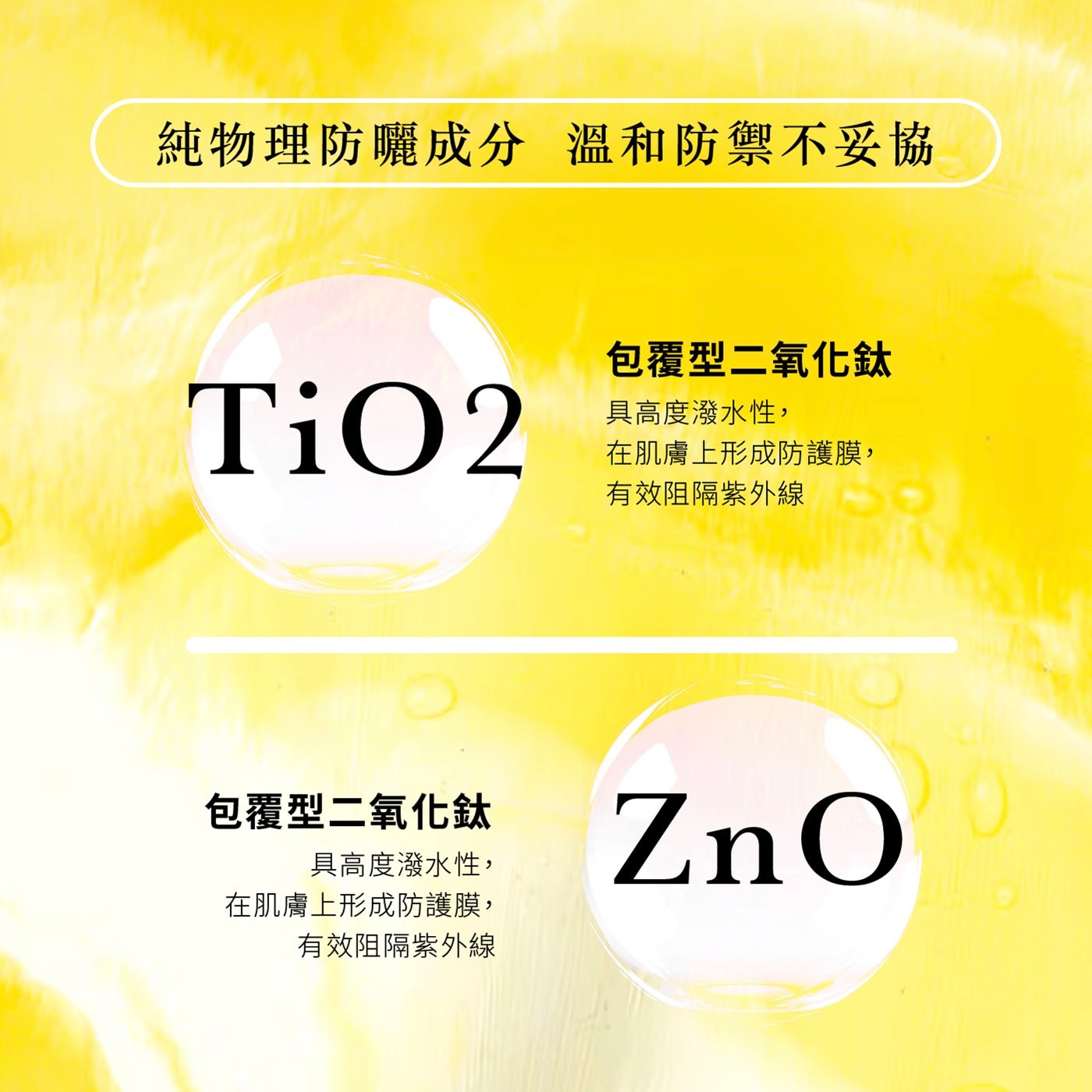 純物理防曬成分 溫和防禦不妥協 包覆型2氧化鈦 TiO2 具高度潑水性, 在肌膚上形成防護膜,