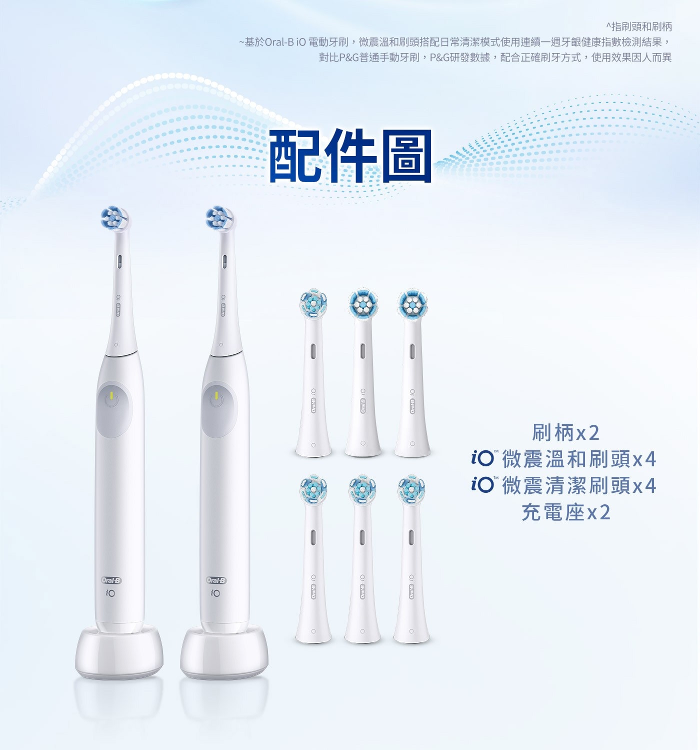 Oral iO 配件圖 刷柄x2 iOTM 微震溫和刷頭x4 微震清潔刷頭x4 充電座x2 指刷頭和刷柄 基於Oral-BiO電動牙刷...