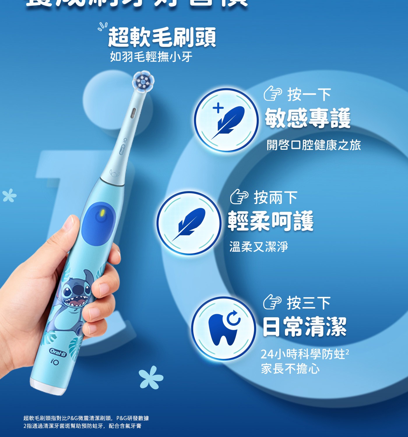 Oral 超軟毛刷頭 如羽毛輕撫小牙 Ora 按1下 敏感專護 開啟口腔健康之旅 超軟毛刷頭指對比PG微震清潔刷頭,PG研發數據 2指通過清潔牙菌斑幫助預防蛀牙...