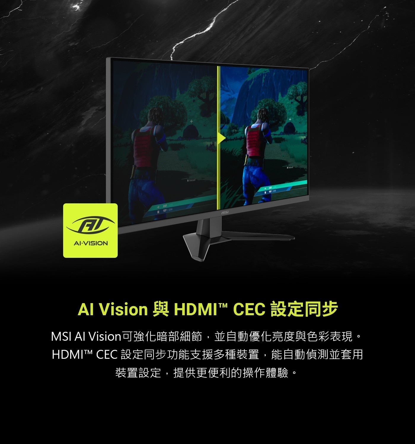 AIVision與HDMI™CEC設定同步MSIAIVision可強化暗部細節,並自動優化亮度與色彩表現。HDMI™CEC設定同步功能支援多種裝置,能自動偵測並套用裝置設定,提供更便利的操作體驗。