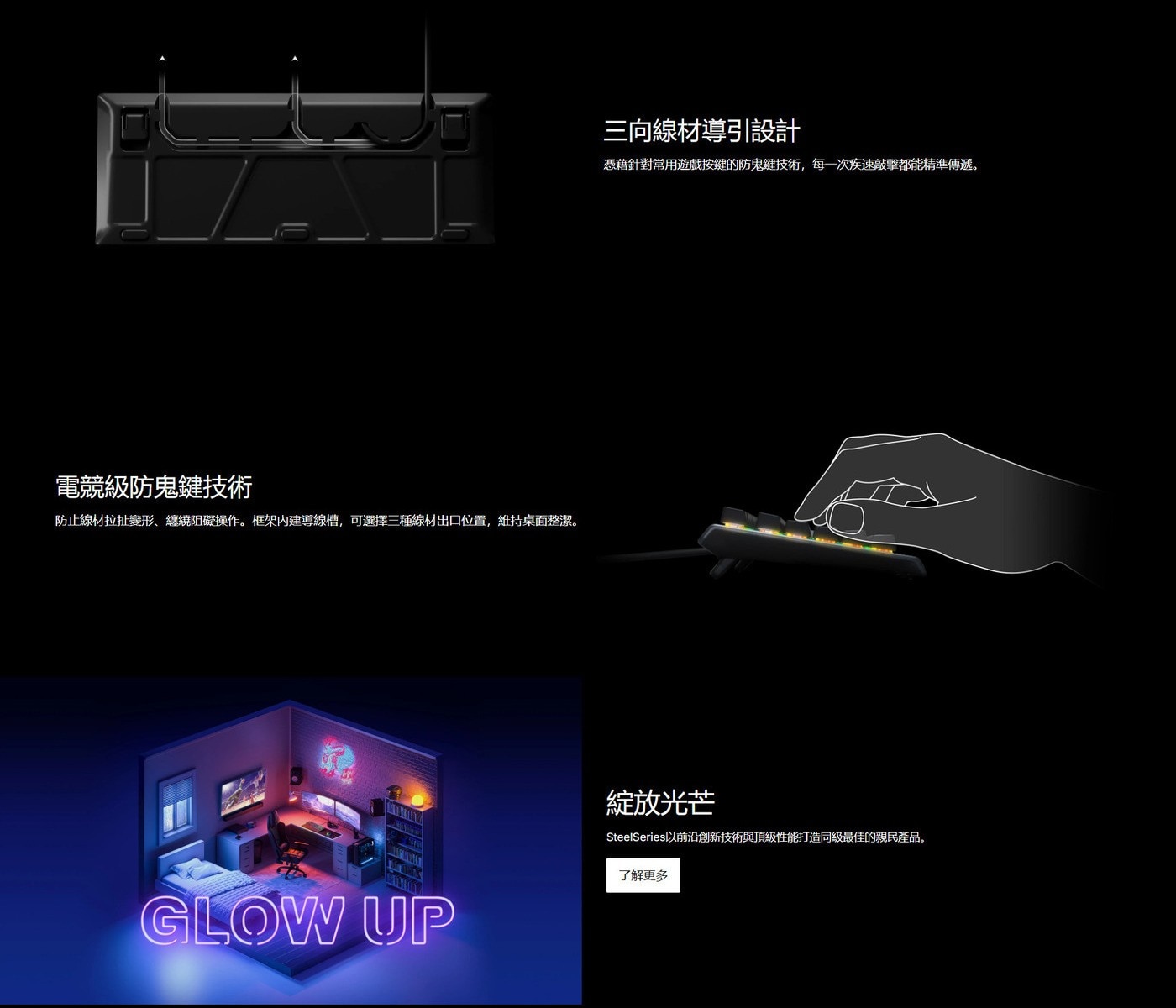 3向線材導引設計 憑藉針對常用遊戲按鍵的防鬼鍵技術,每1次疾速敲擊都能精準傳遞。 電競級防鬼鍵技術 防止線材拉扯變形、纏繞阻礙操作。框架內建導線槽,可選擇3種線材出口位置,維持桌面整潔。