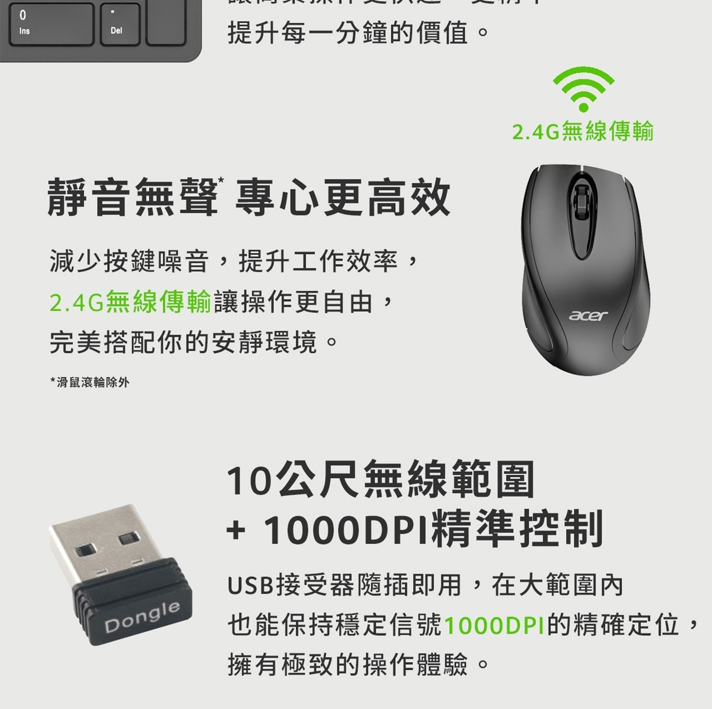 AcerAAK41A無線靜⾳鍵⿏組無線靜音鍵盤/滑鼠(滾輪除外)