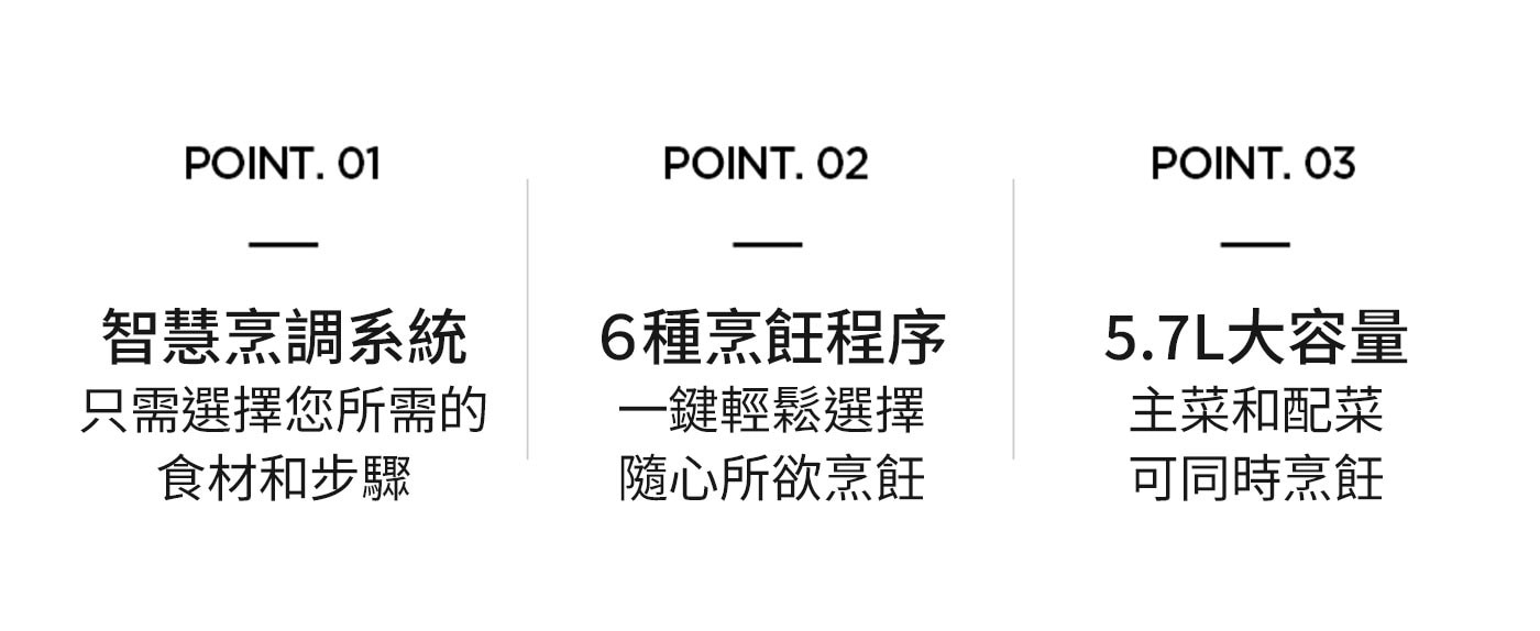智慧烹調系統 只需選擇您所需的 食材和步驟 6種烹飪程序 一鍵輕鬆選擇 隨心所欲烹飪 5.7L大容量 主菜和配菜 可同時烹飪