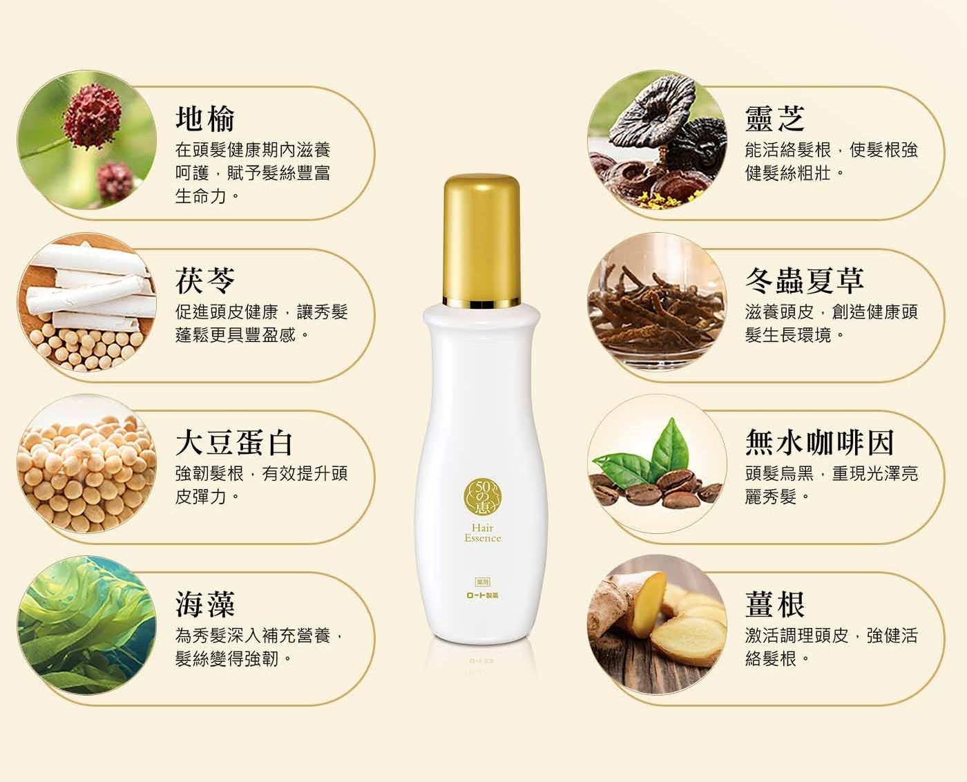 地榆 在頭髮健康期內滋養 呵護,賦予髮絲豐富 生命力。 靈芝 能活絡髮根,使髮根強 健髮絲粗壯。