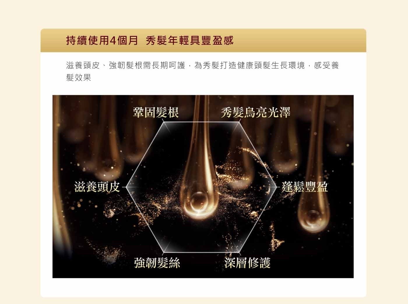 持續使用4個月 秀髮年輕具豐盈感 滋養頭皮、強韌髮根需長期呵護,為秀髮打造健康頭髮生長環境,感受養