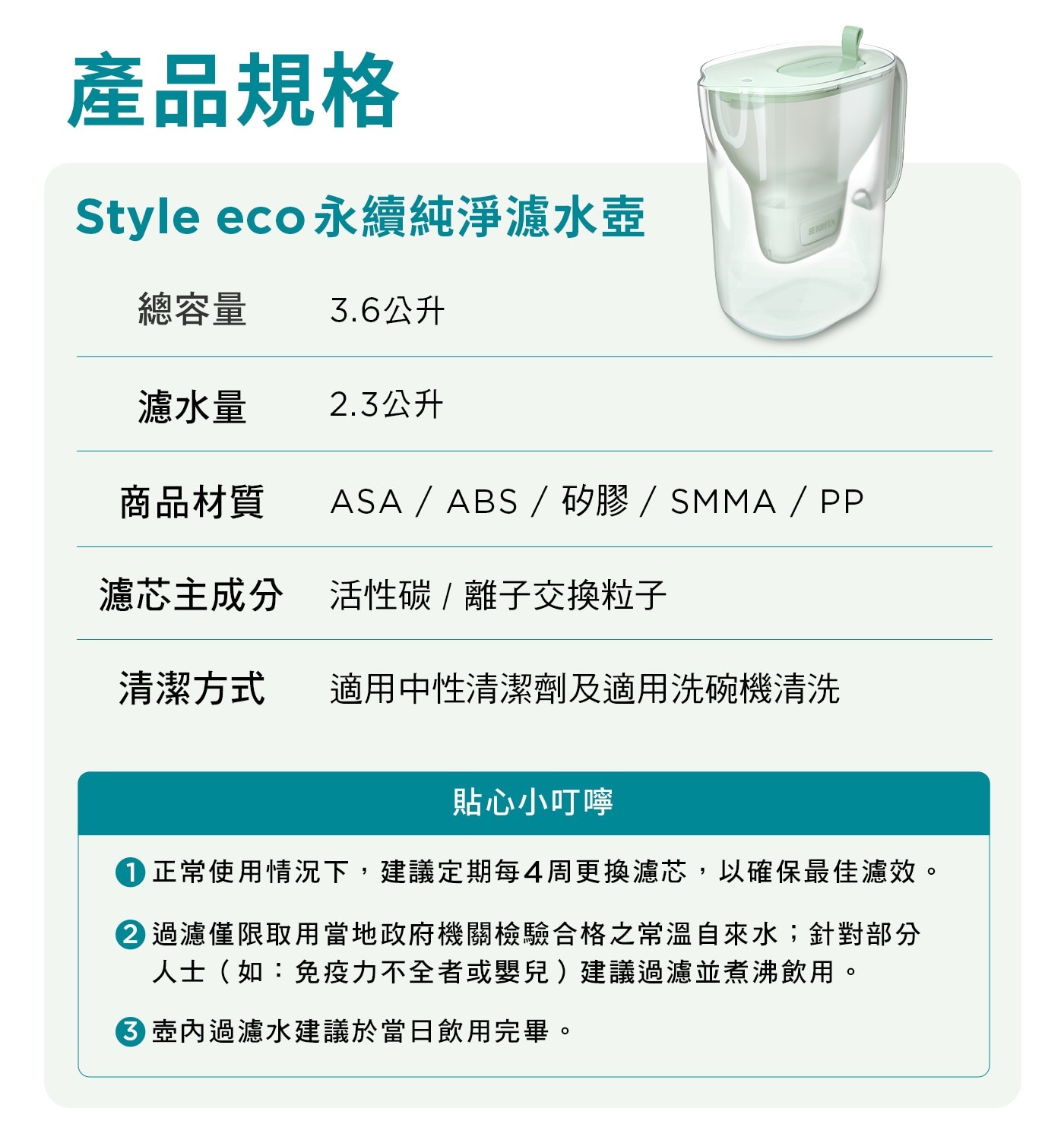 產品規格 Style eco永續純淨濾水壺 BRYTA 總容量 3.6公升 濾水量 2.
