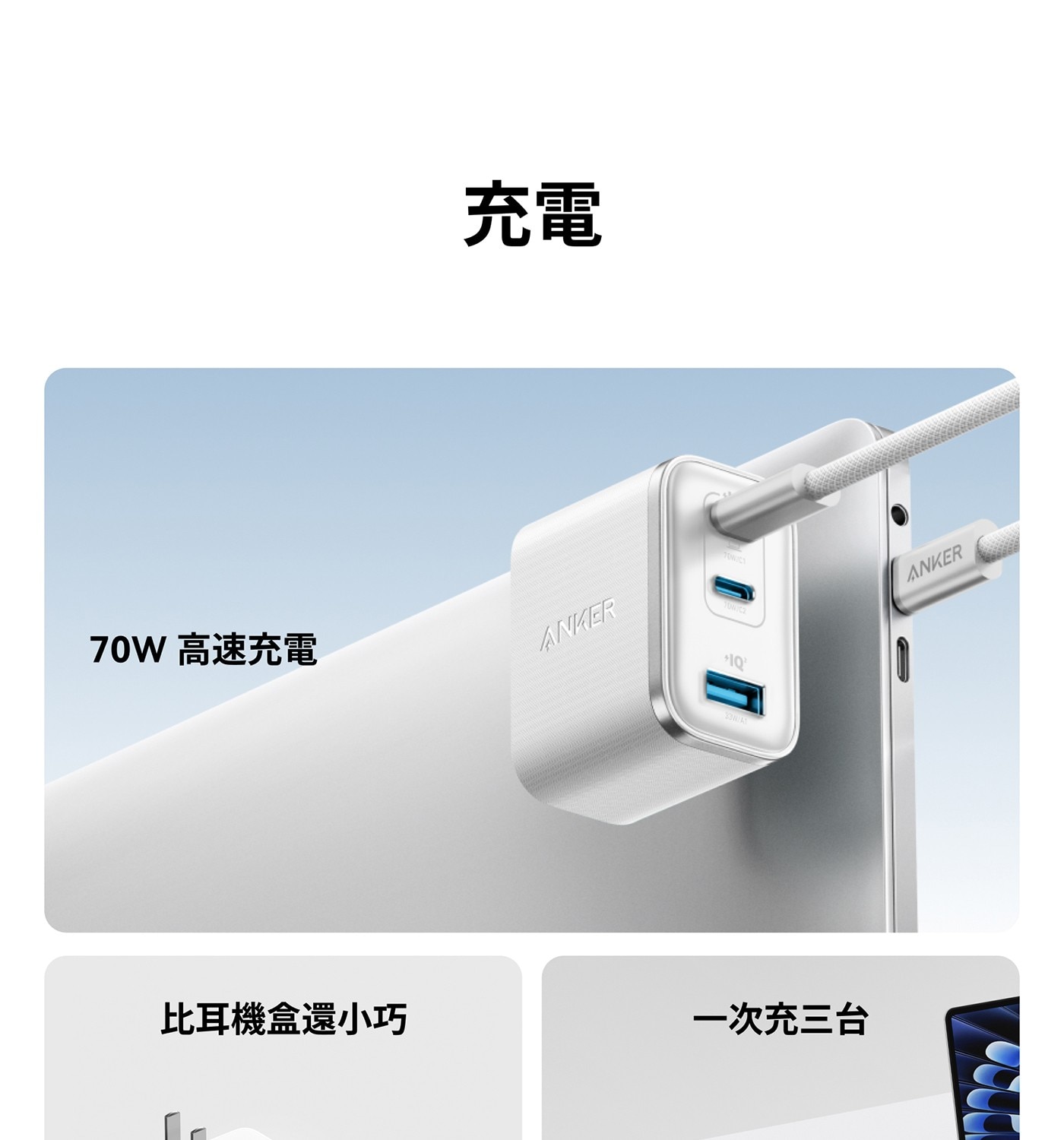 充電 ANKER J0WIC2 70W 高速充電 ANKER 比耳機盒還小巧 1次充3台