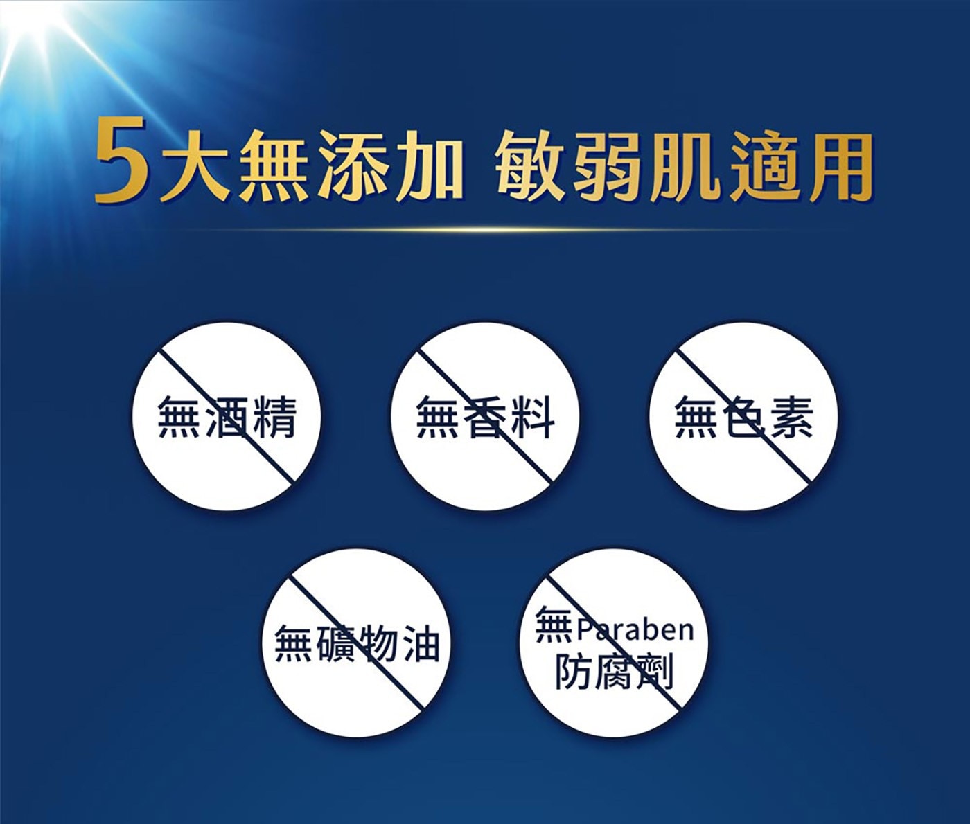 5大無添加 敏弱肌適用 無酒精 無香料 無色素 無礦物油 無Paraben 防腐劑