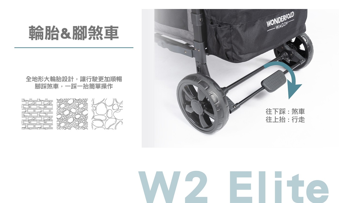 輪胎&腳煞車全地形大輪胎設計,讓行駛更加順暢腳踩煞車,一踩一抬簡單操作