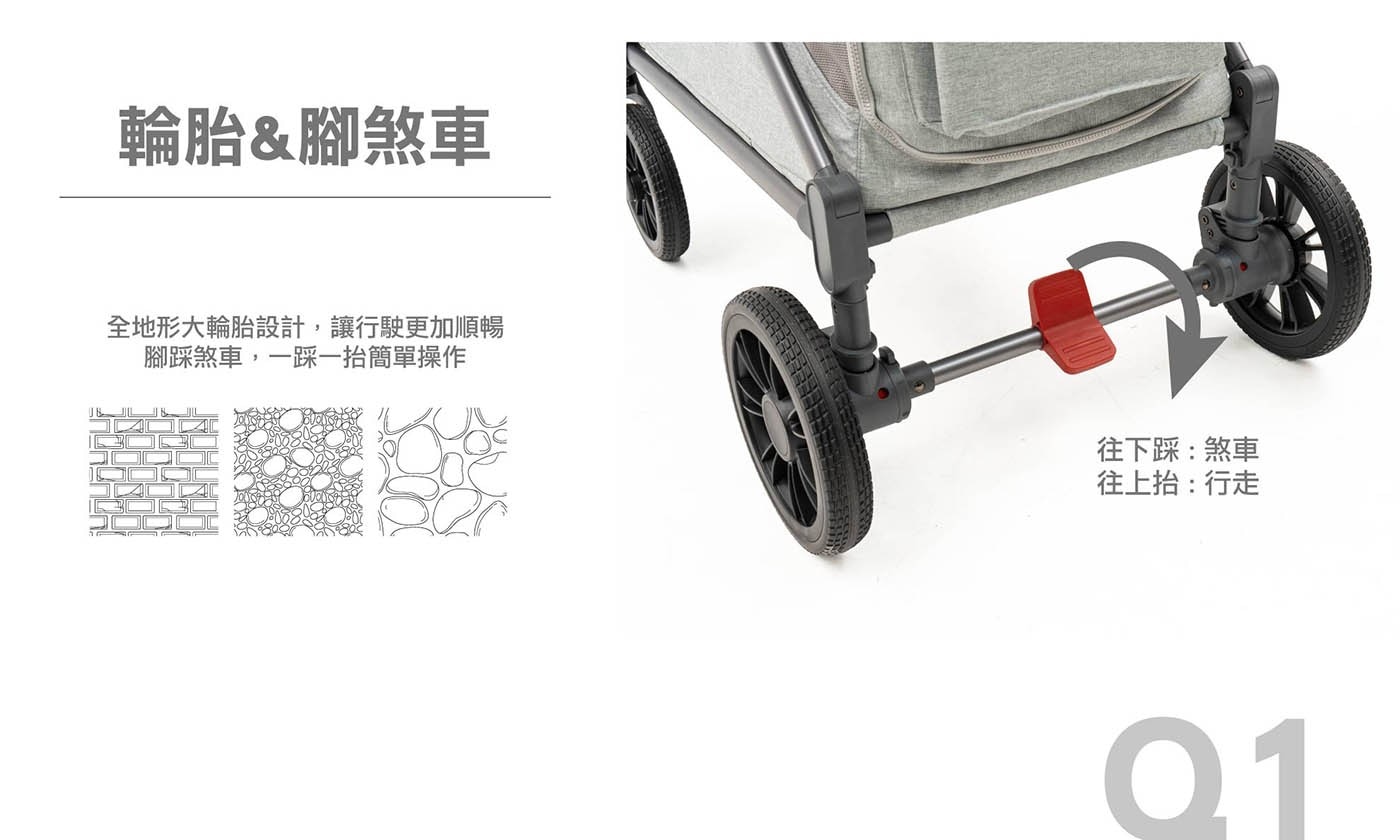 輪胎&腳煞車全地形大輪胎設計,讓行駛更加順暢腳踩煞車,一踩一抬簡單操作
