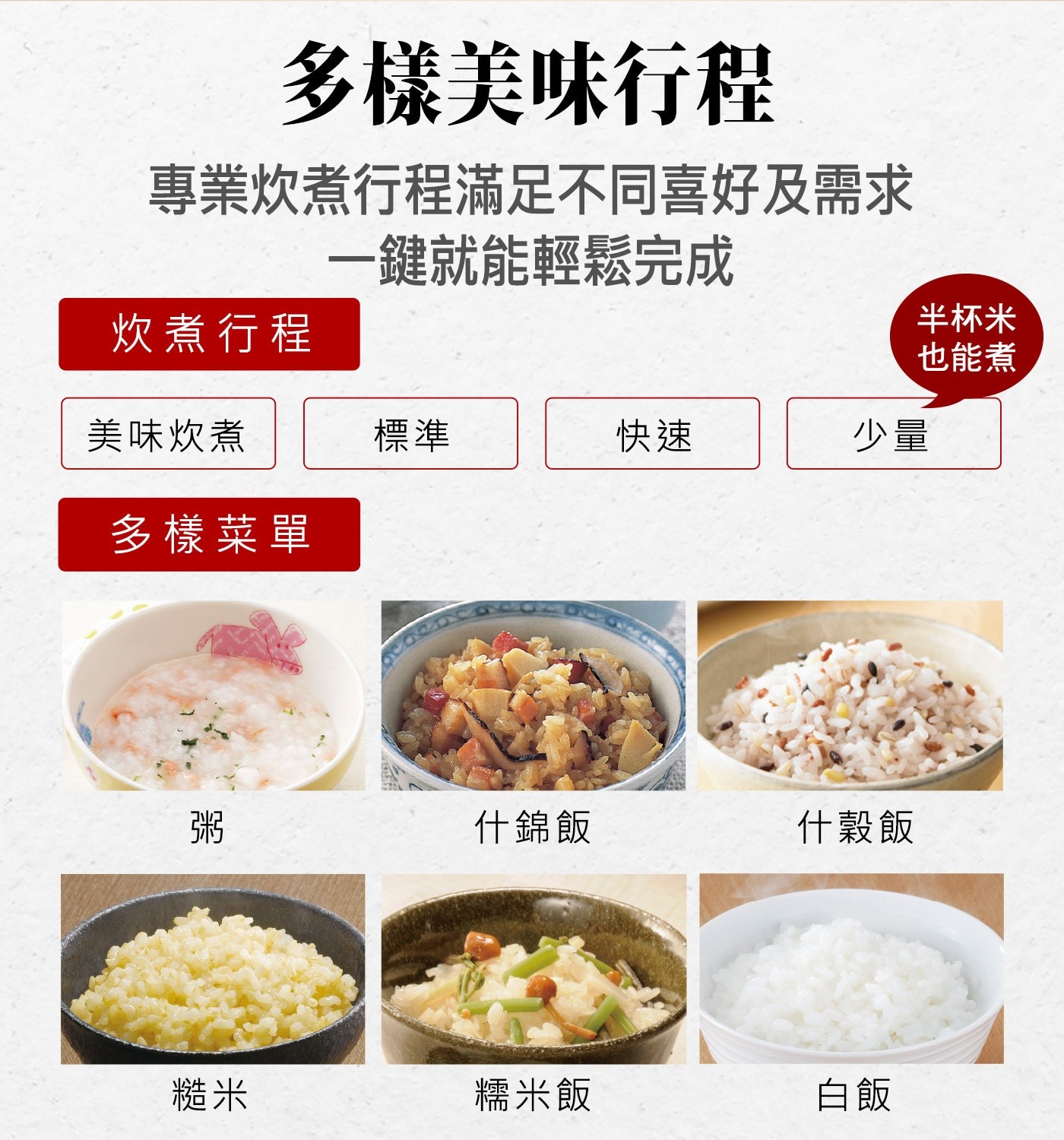 多樣美味行程 專業炊煮行程滿足不同喜好及需求 一鍵就能輕鬆完成 炊煮行程 半杯米 也能煮 美味炊煮 標準 快速 少量 多樣菜單 粥 什錦飯 什穀飯 糙米 糯米飯 白飯