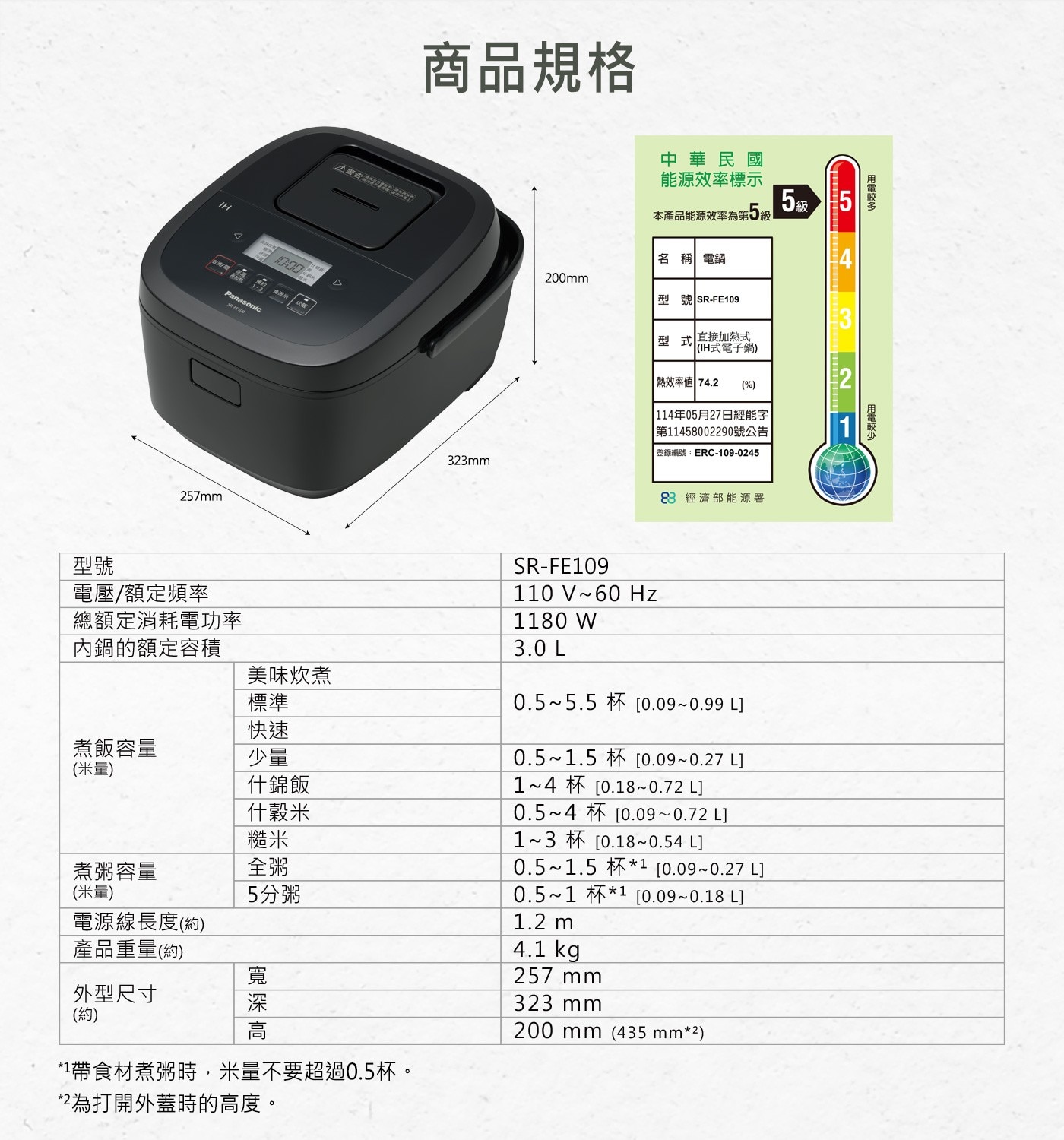 PANASONIC IH COOKER國際牌IH電子鍋SR-FE109打開外蓋時的高度