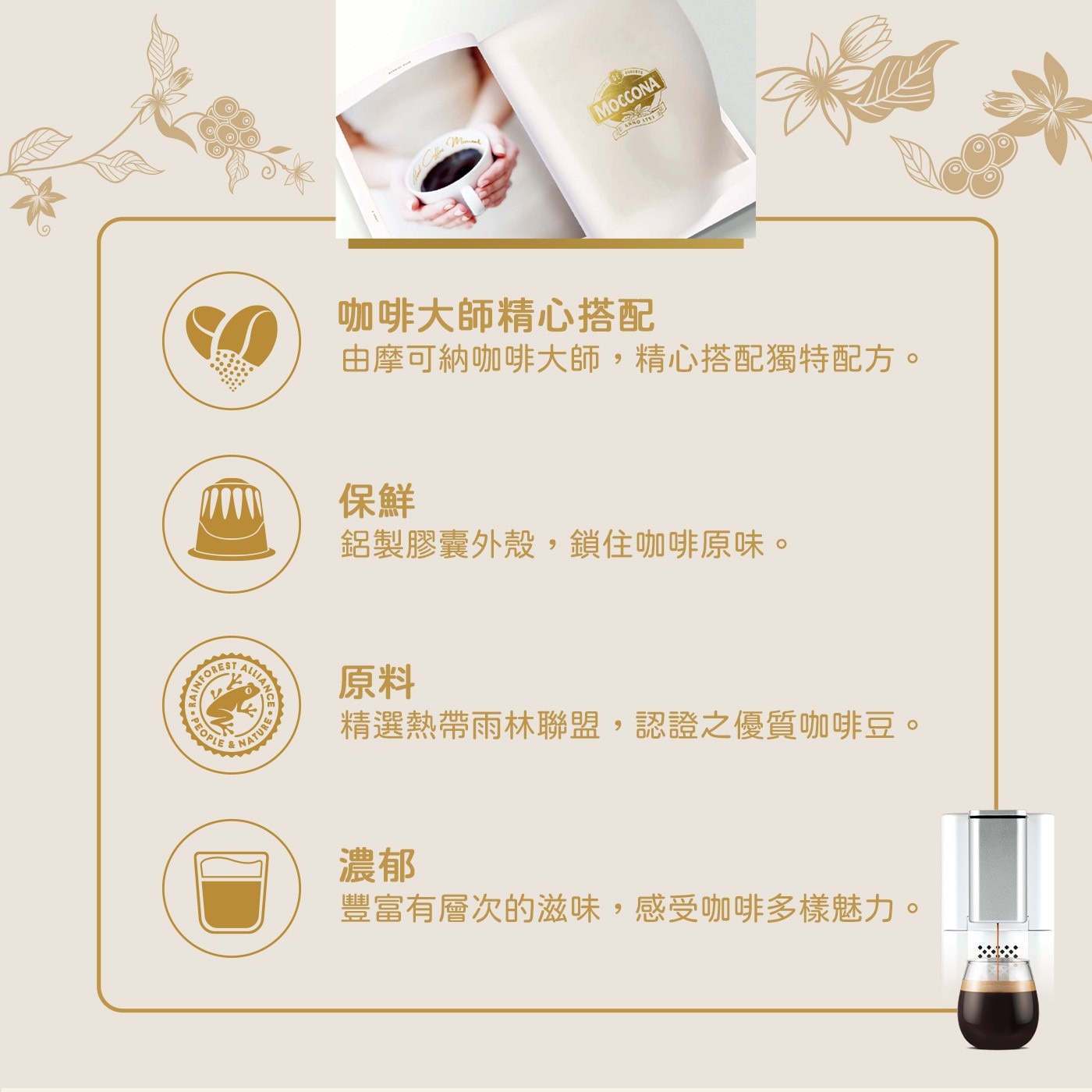 咖啡大師精心搭配 由摩可納咖啡大師,精心搭配獨特配方 保鮮 鋁製膠囊外殼,鎖住咖啡原味