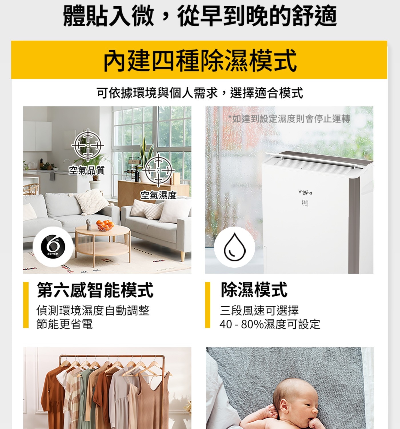 6 sense 體貼入微,從早到晚的舒適 內建四種除濕模式 可依據環境與個人需求,選擇適合模式