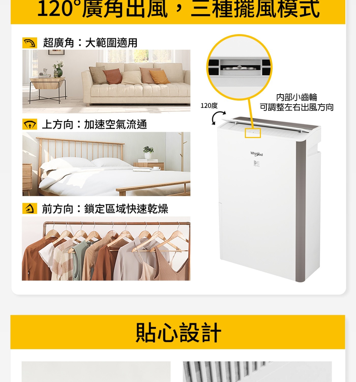 120°廣角出風,三種擺風模式 超廣角:大範圍適用 120度 内部小齒輪 可調整左右出風方向