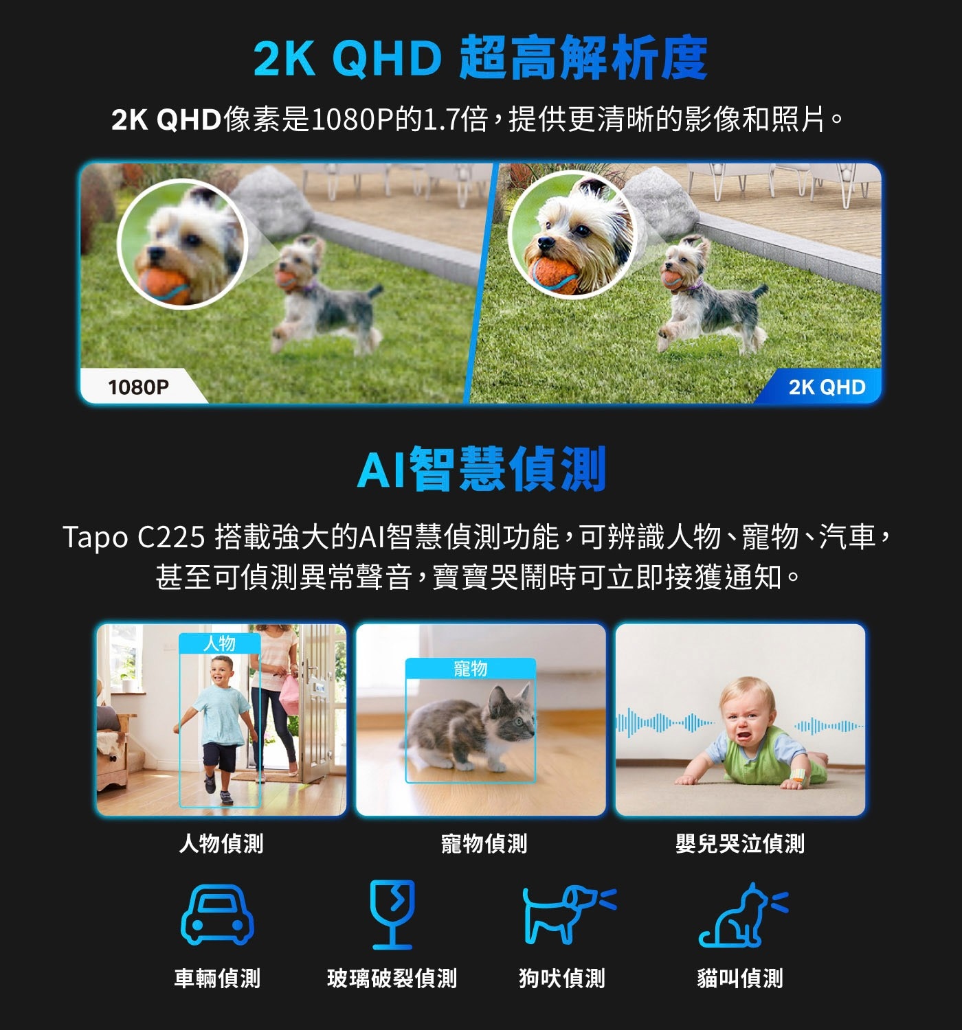 2K QHD 超高解析度 QHD像素是1080P的1.7倍,提供更清晰的影像和照片。 1080P