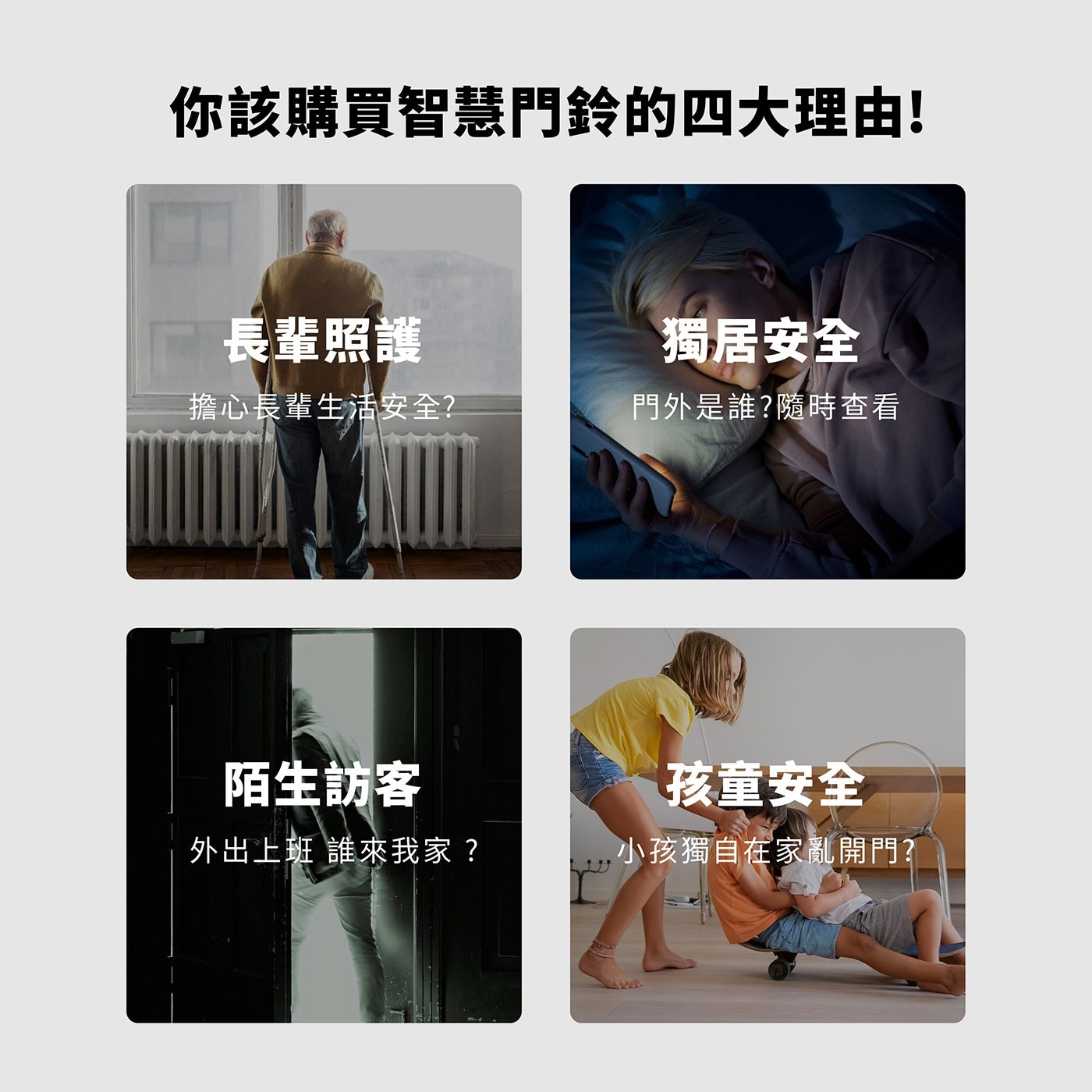 你該購買智慧門鈴的4大理由! 長輩照護 獨居安全 擔心長輩生活安全? 門外是誰?隨時查看