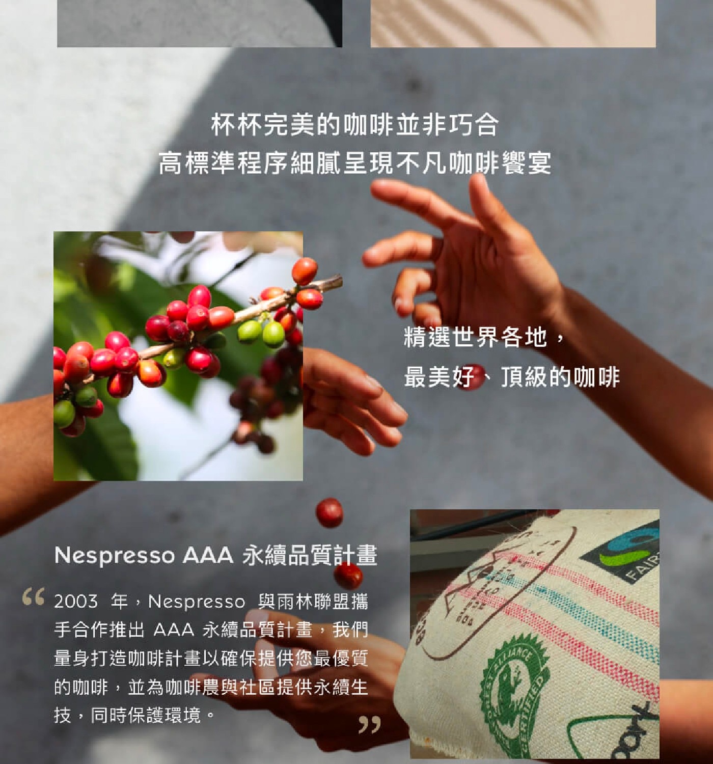 Nespresso AAA 永續品質計畫 FAIR (62003年,Nespresso 與雨林聯盟攜 手合作推出 AAA 永續品質計畫,我們 量身打造咖啡計畫以確保提供您最優質 的咖啡,並為咖啡農與社區提供永續生 技,同時保護環境。