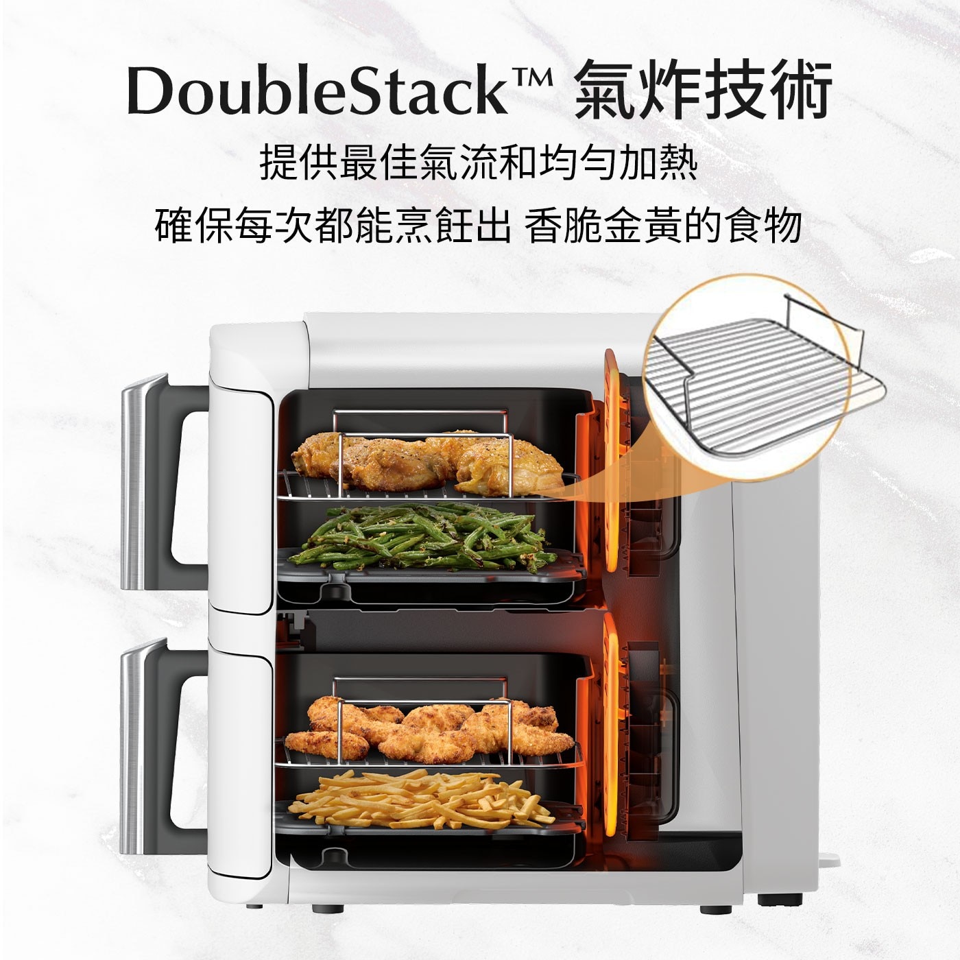 DoubleStackTM 氣炸技術 提供最佳氣流和均勻加熱 確保每次都能烹飪出 香脆金黃的食物