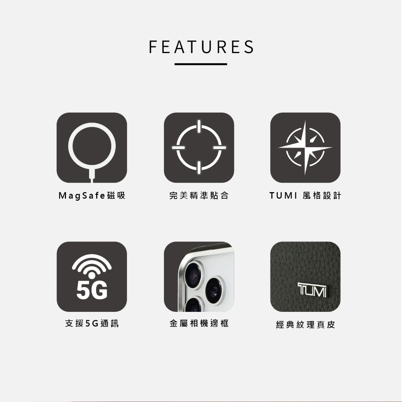 MagSafe磁吸 完美精準貼合 TUMI 風格設計 5G 支援5G通訊 金屬相機邊框 經典紋理真皮