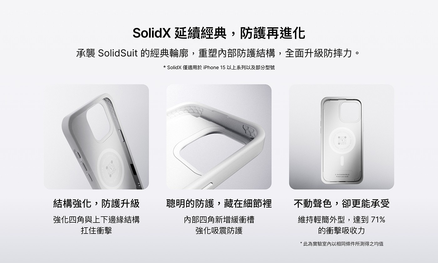 SolidX延續經典,防護再進化 承襲SolidSuit的經典輪廓,重塑內部防護結構,全面升級防摔力。
