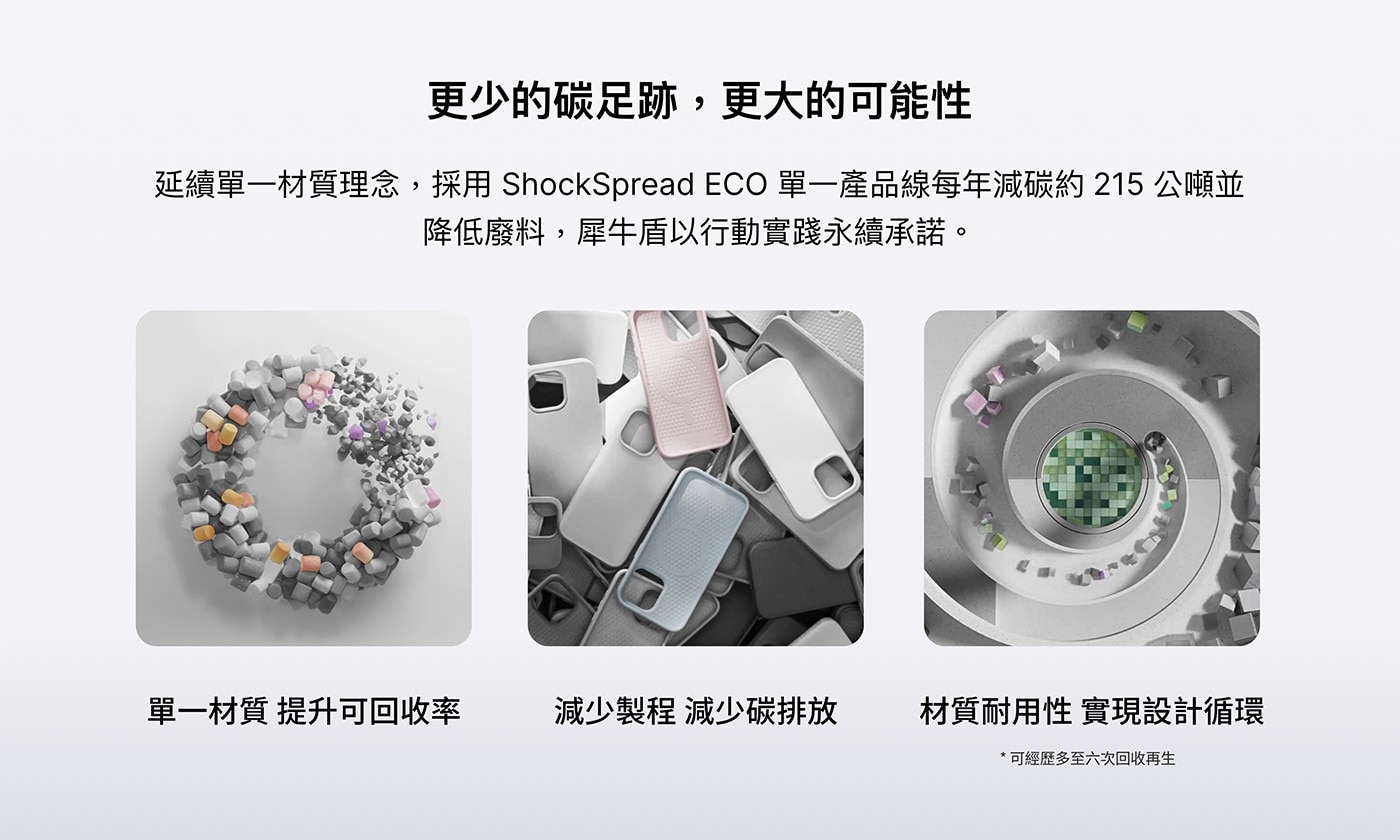 更少的碳足跡,更大的可能性 延續單1材質理念,採用ShockSpread ECO單1產品線每年減碳約215公噸並 降低廢料,犀牛盾以行動實踐永續承諾。