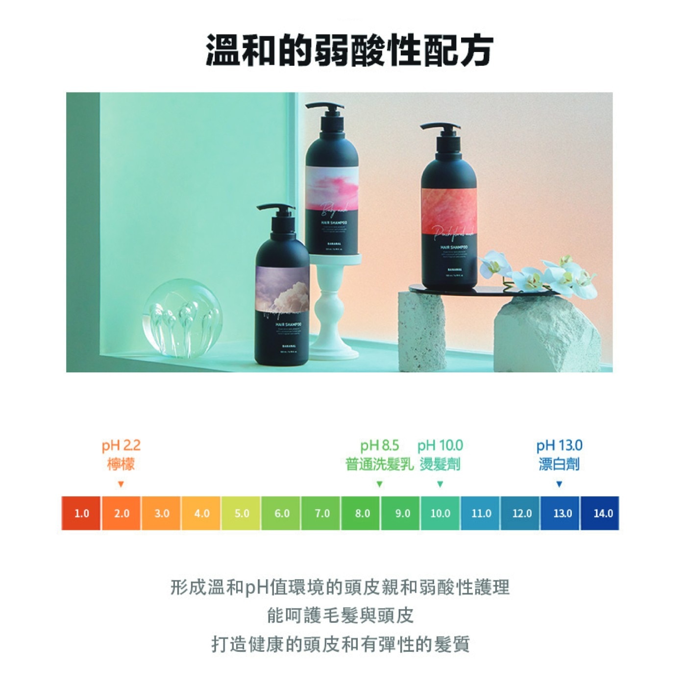 形成溫和pH值環境的頭皮親和弱酸性護理 能呵護毛髮與頭皮 打造健康的頭皮和有彈性的髮質