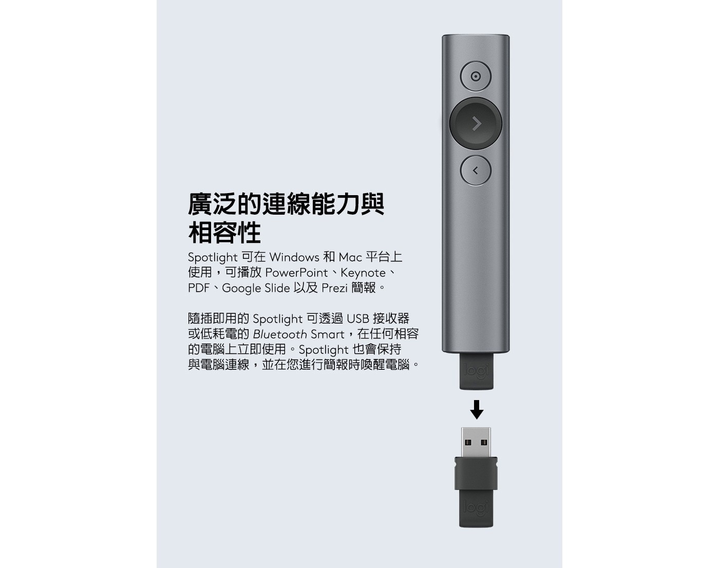 廣泛的連線能力與 相容性 Spotlight 可在Windows和Mac平台上 使用,可播放PowerPoint、Keynote、 PDF、Google Slide 以及Prezi 簡報。