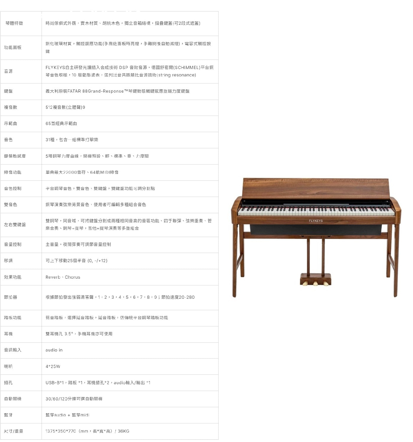 琴體特徵 時尚傢俱式外觀,實木材質、胡桃木色,獨立音箱結構,摺疊鍵蓋(可2段式遮蓋) 功能面板 鋼化玻璃材質,觸控感應功能(手靠近面板時亮燈,手離開後自動滅燈),宵容式觸控按 音源 FLYKEYS自主研發光譜插入合成技術DSP音效音源,德國舒密爾