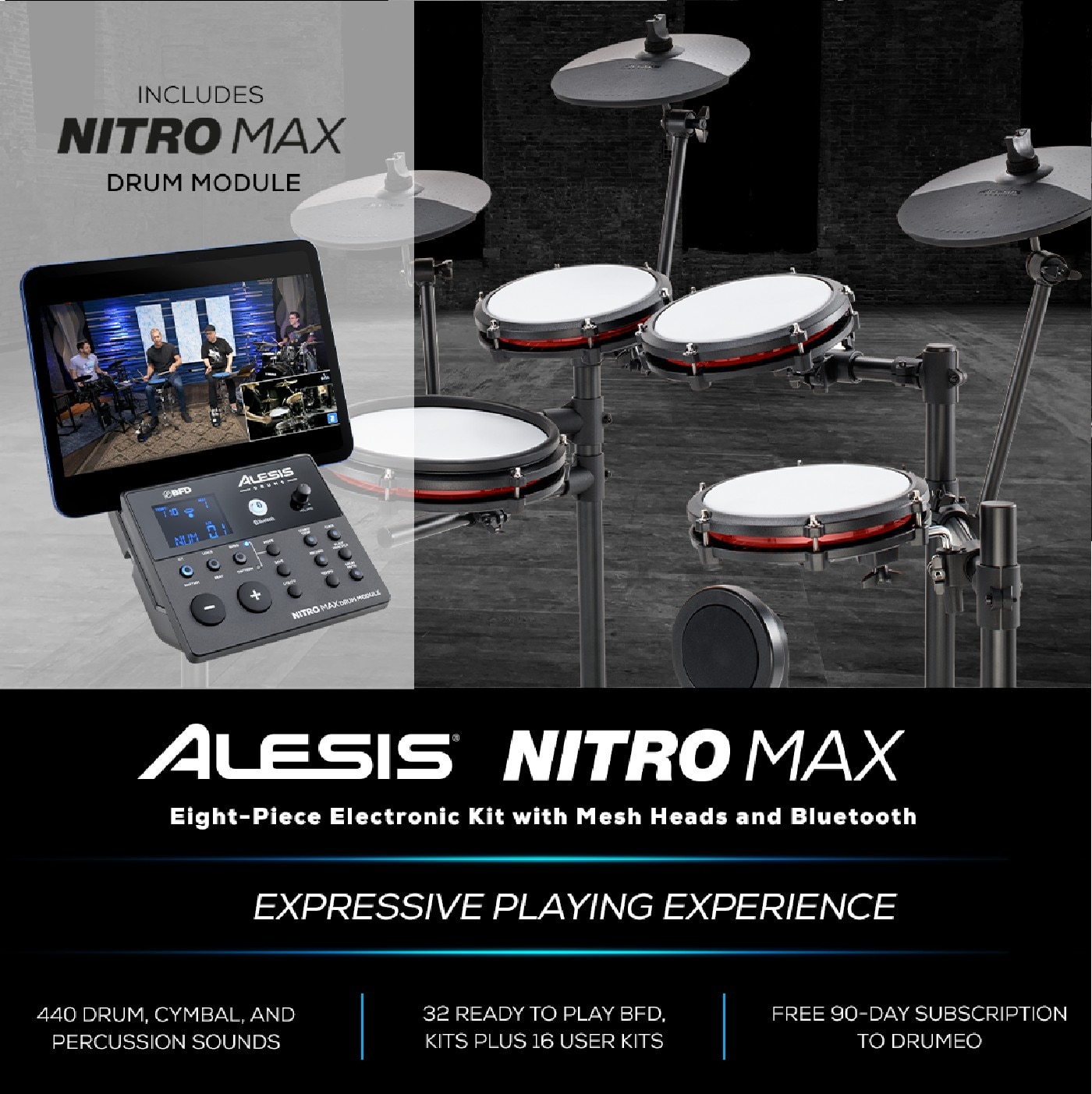 ALESIS NITRO MAX Eight-Piece Electronic Kit with Mesh Heads and Bluetooth