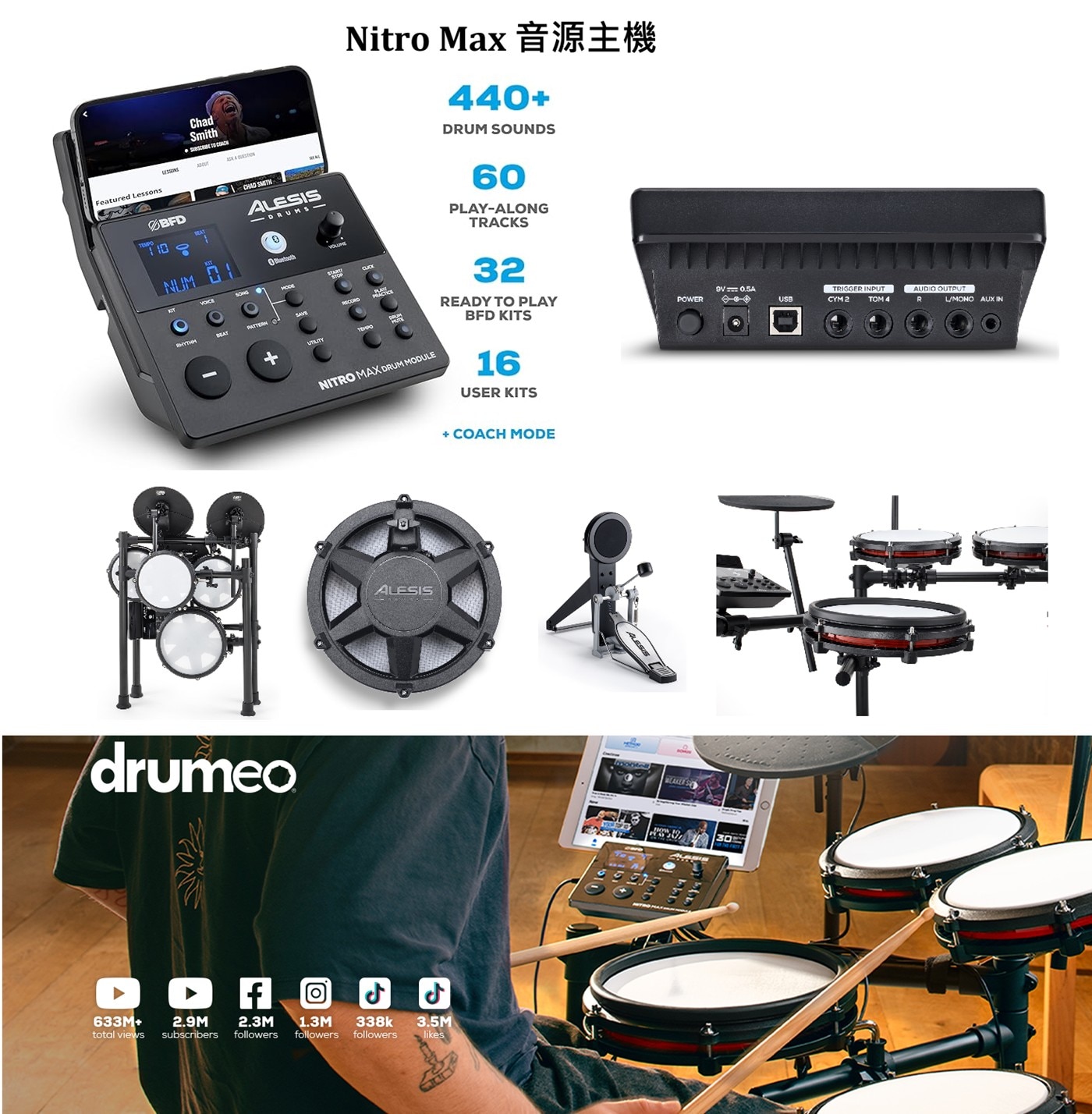 Nitro Max 音源主機 440+ Chad DRUM SOUNDS 60 PLAY-ALONG TRACKS 0 32 NUM READY TO PLAY BFD KITS 16 NITRO MAX DRUM MODULE USER KITS + COACH MODE