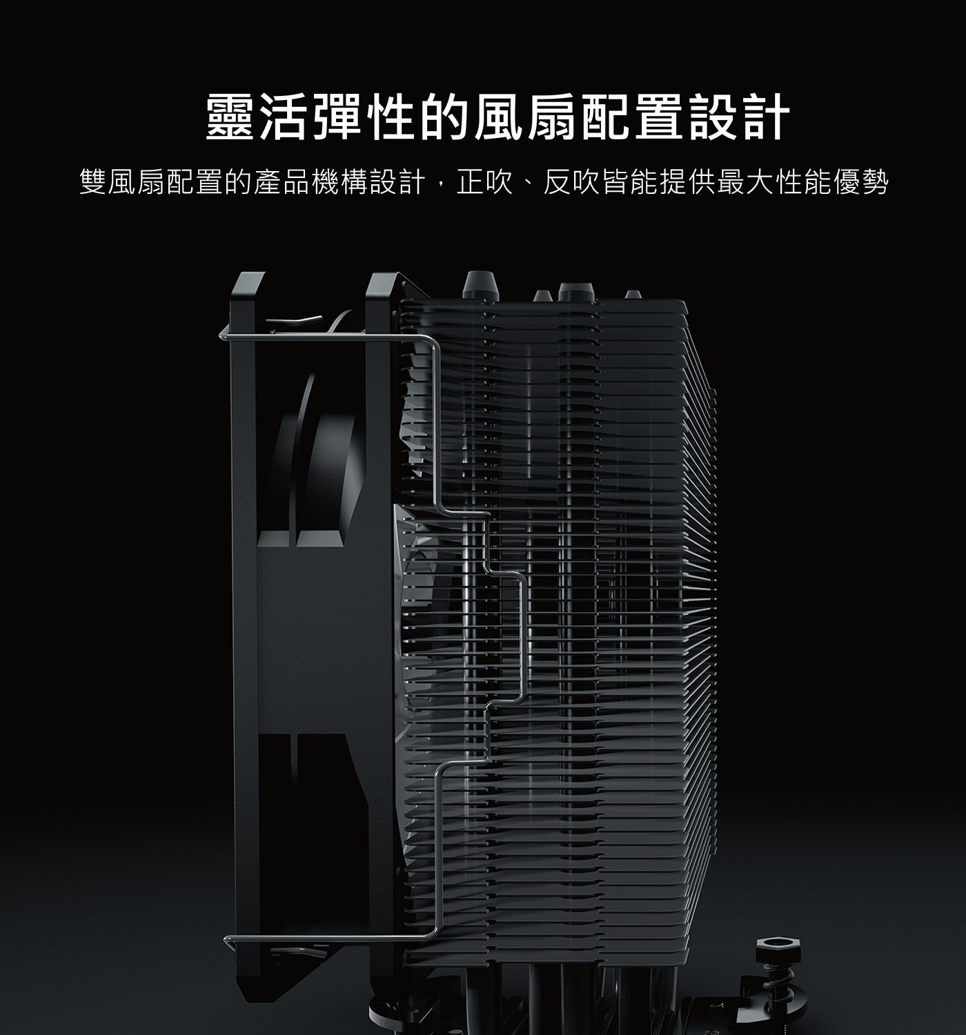 靈活彈性的風扇配置設計 雙風扇配置的產品機構設計,正吹、反吹皆能提供最大性能優勢