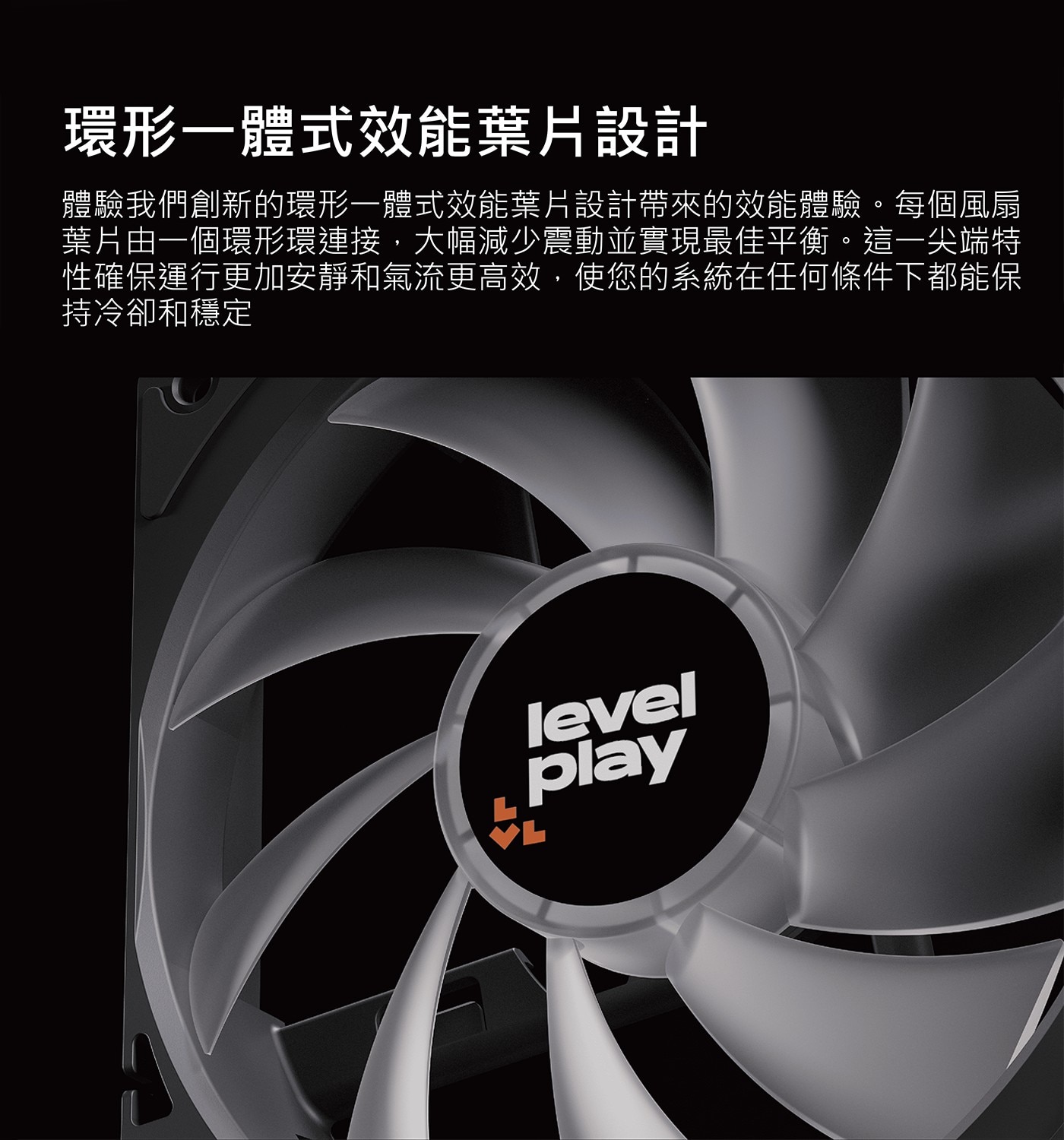 環形一體式效能葉片設計 體驗我們創新的環形一體式效能葉片設計帶來的效能體驗。每個風扇 葉片由一個環形環連接,大幅減少震動並實現最佳平衡。