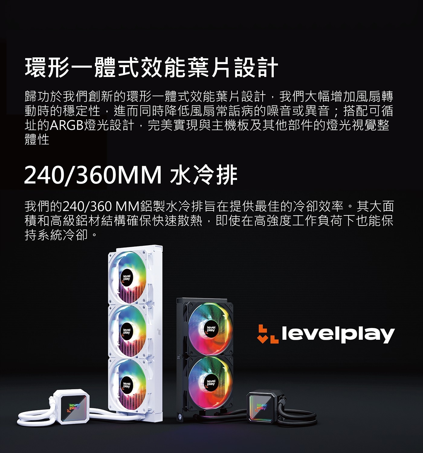 環形一體式效能葉片設計 歸功於我們創新的環形一體式效能葉片設計,我們大幅增加風扇轉 動時的穩定性,進而同時降低風扇常詬病的噪音或異音;搭配可循 址的ARGB燈光設計...