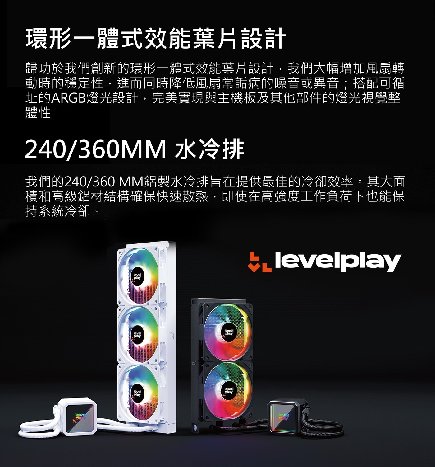 環形一體式效能葉片設計 歸功於我們創新的環形一體式效能葉片設計,我們大幅增加風扇轉 動時的穩定性,進而同時降低風扇常詬病的噪音或異音;搭配可循 址的ARGB燈光設計...