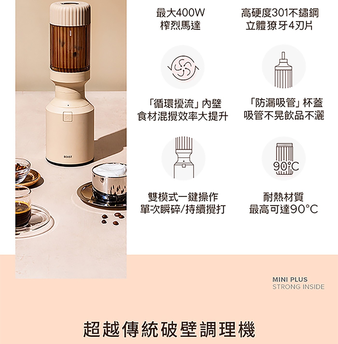 BEAST 最大400W 榨烈馬達 高硬度301不鏽鋼 立體獠牙4片 「循環擾流」內壁 食材混攪效率大提升 「防漏吸管杯蓋 吸管不晃飲品不灑 雙模式一鍵操作 耐熱材質 單次瞬碎/持續攪打...