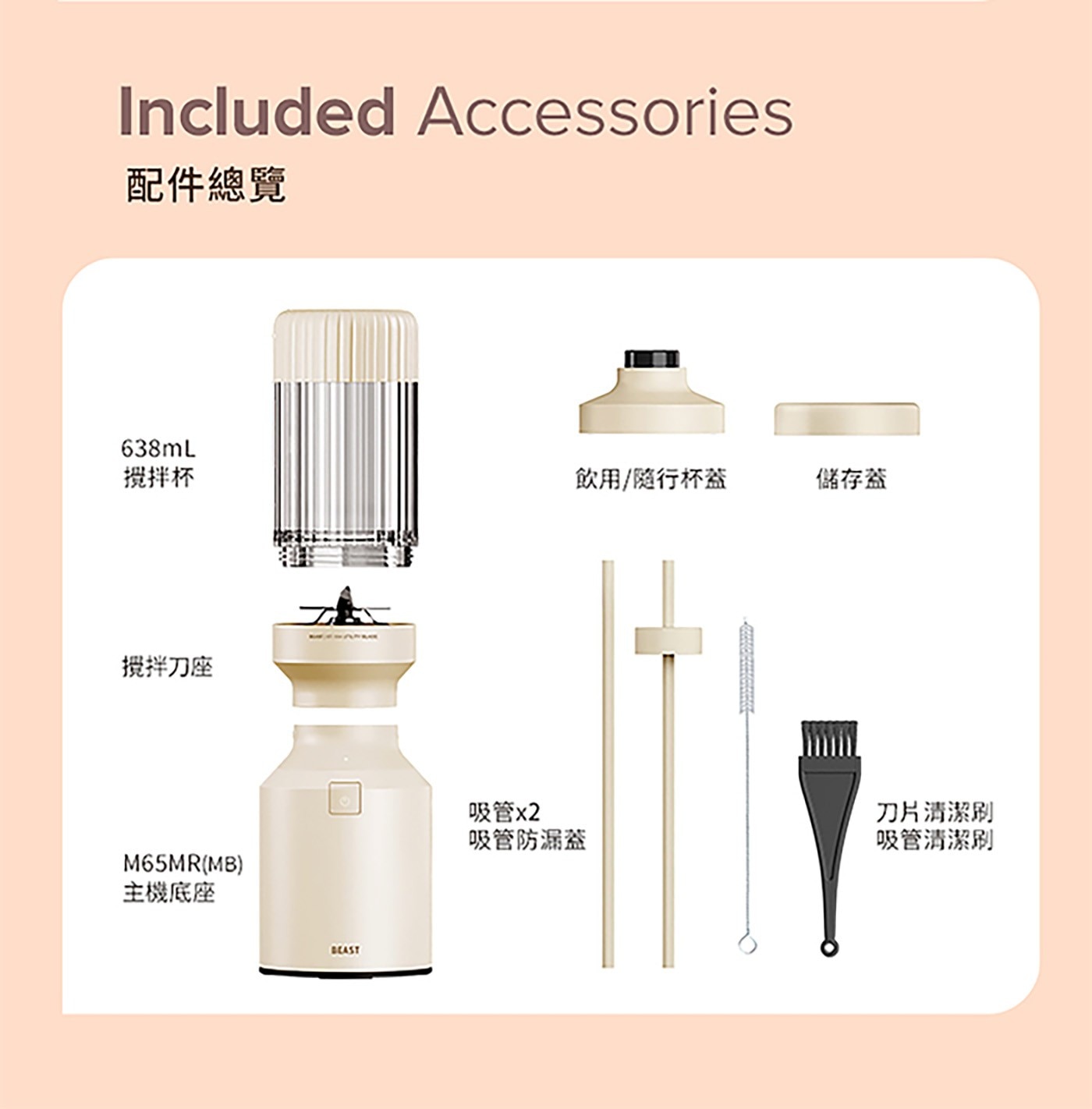 Included Accessories 配件總覽 638mL 攪拌杯 飲用/隨行杯蓋 儲存益 搅拌刀座 主機底座 BEAST 吸管x2 吸管防漏蓋 刀片清潔刷 吸管清潔刷