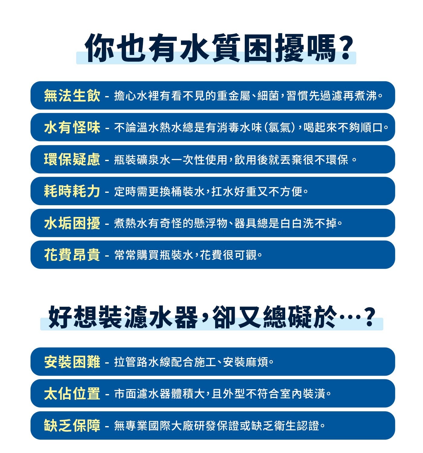你也有水質困擾嗎? 無法生飲 - 擔心水裡有看不見的重金屬、細菌,習慣先過濾再煮沸。