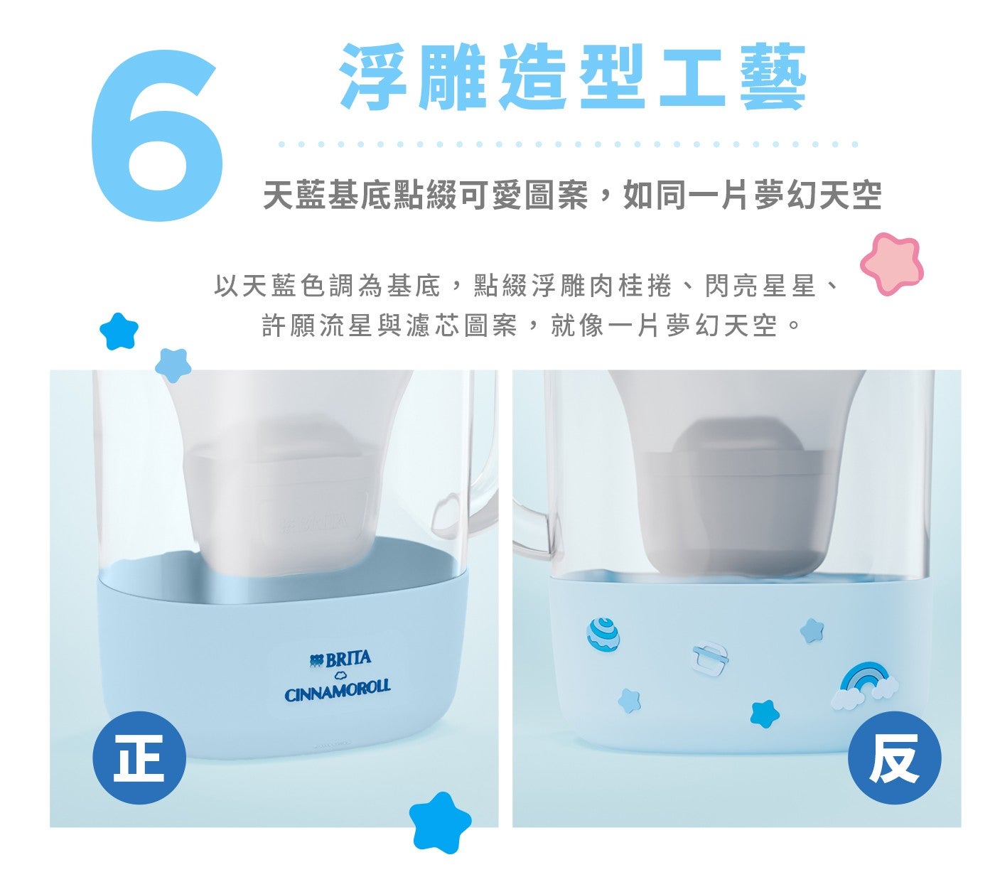 6 浮雕造型工藝 天藍基底點綴可愛圖案,如同一片夢幻天空 以天藍色調為基底,點綴浮雕肉桂捲、閃亮星