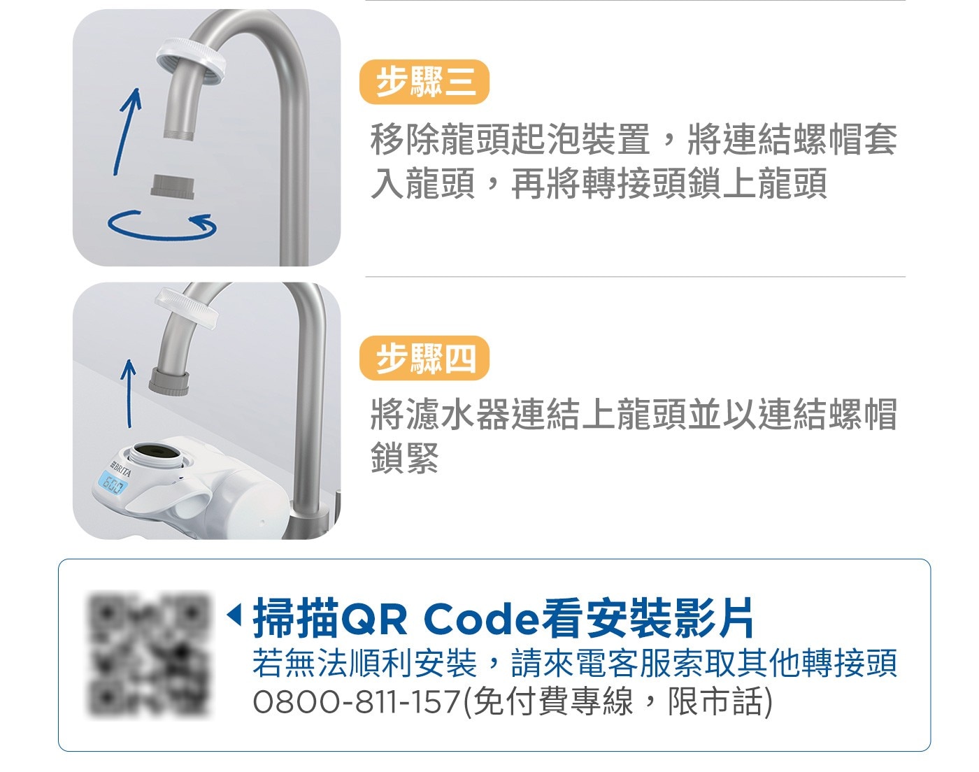 步驟3,移除龍頭起泡裝置,將連結螺帽套入龍頭,再將轉接頭鎖上龍頭,步驟4,將濾水器連結上龍頭並以連結螺帽鎖緊
