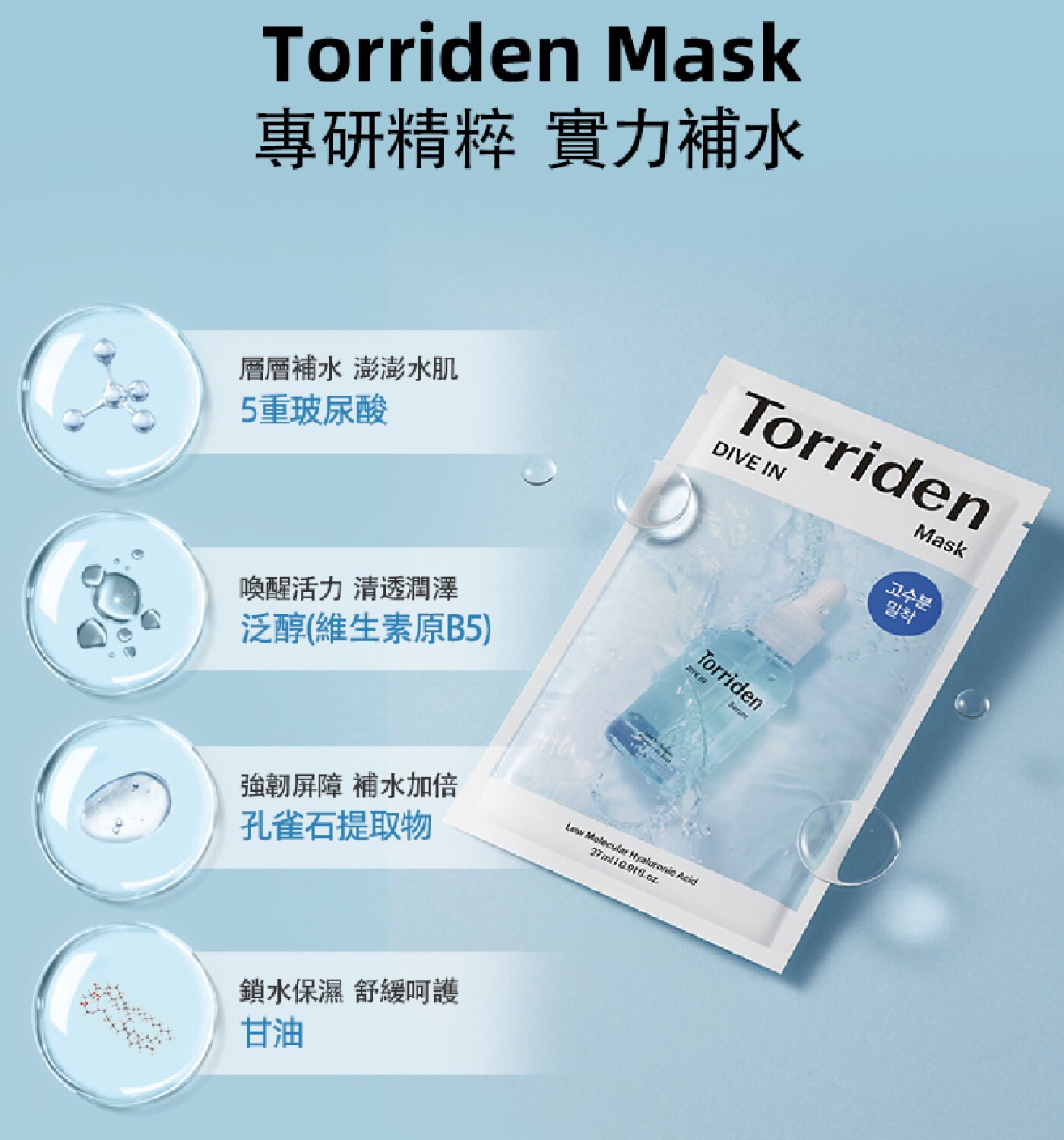 Torriden Mask 專研精粹 實力補水 層層補水 澎澎水肌 5重玻尿酸 喚醒活力 清透潤澤 고수분 泛醇(維生素原B5)