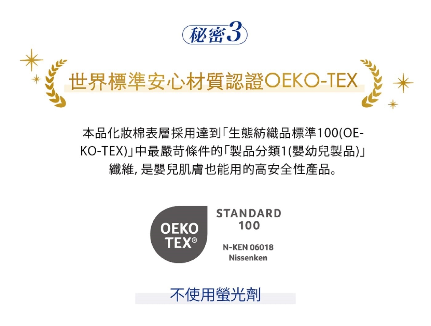 世界標準安心材質認證OEKO-TEX 本品化妝棉表層採用達到